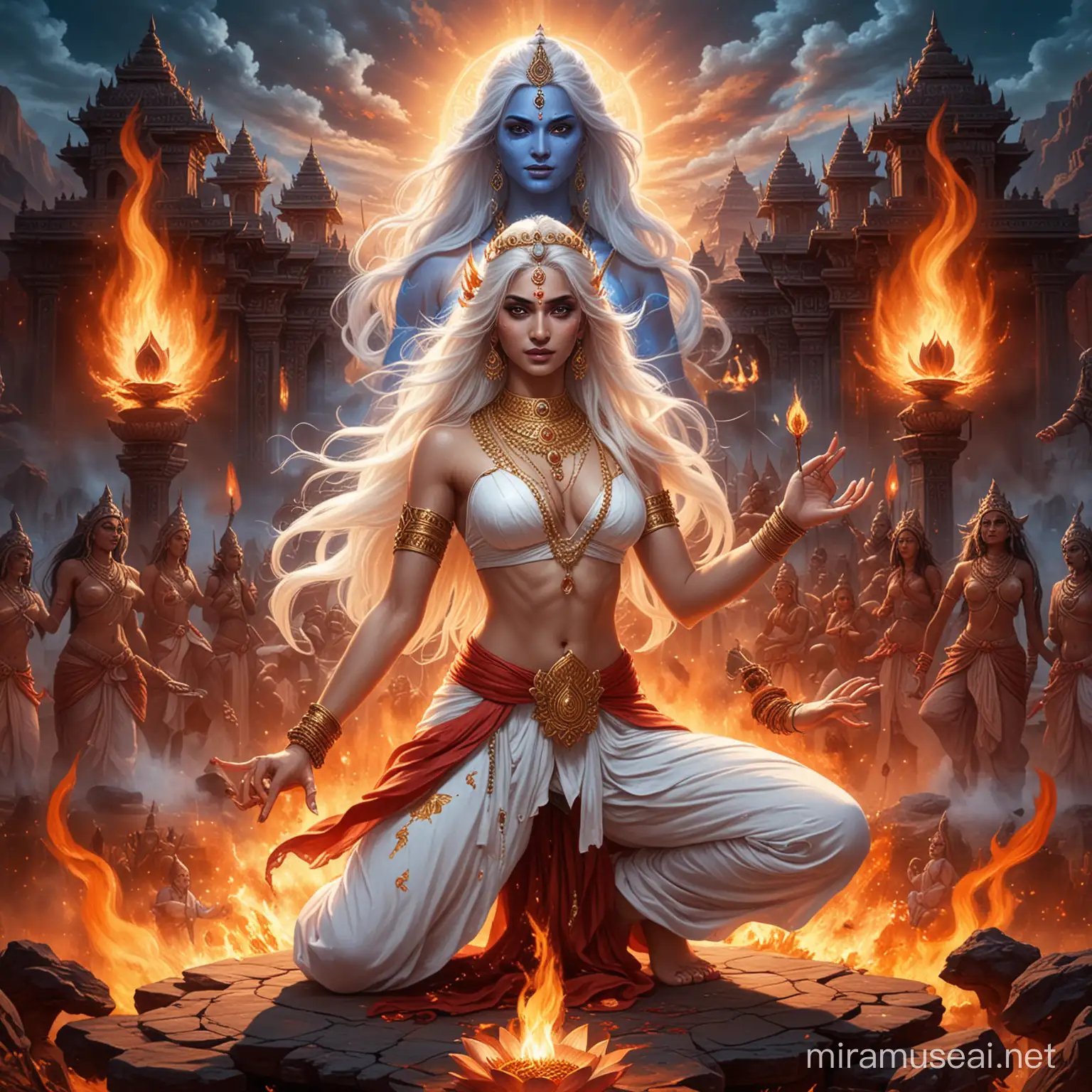 Fierce Hindu Empress Summoning Fire with Demonic Goddesses in Dark Valley