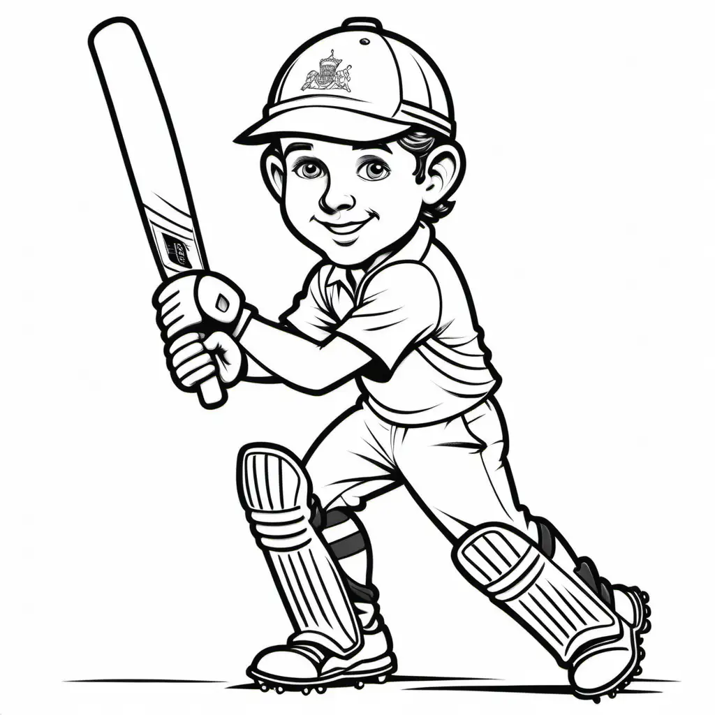 australian cricketer black and white cartoon detailed image, kids colouring book stencil, white background, black lines, fine lines