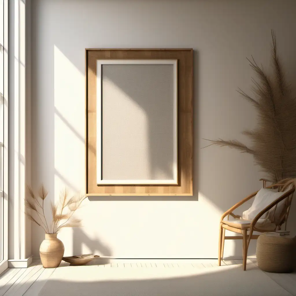 Cozy Boho Living Room with Wooden Frame Mockup in 4K Natural Lighting