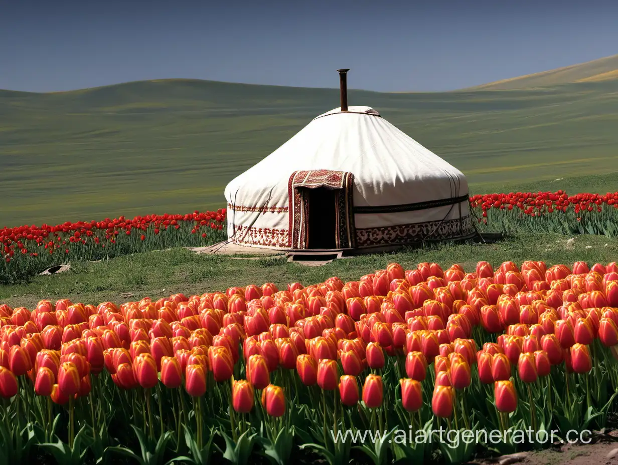 Vibrant-Steppe-Landscape-with-Tulips-Surrounding-Traditional-Yurt