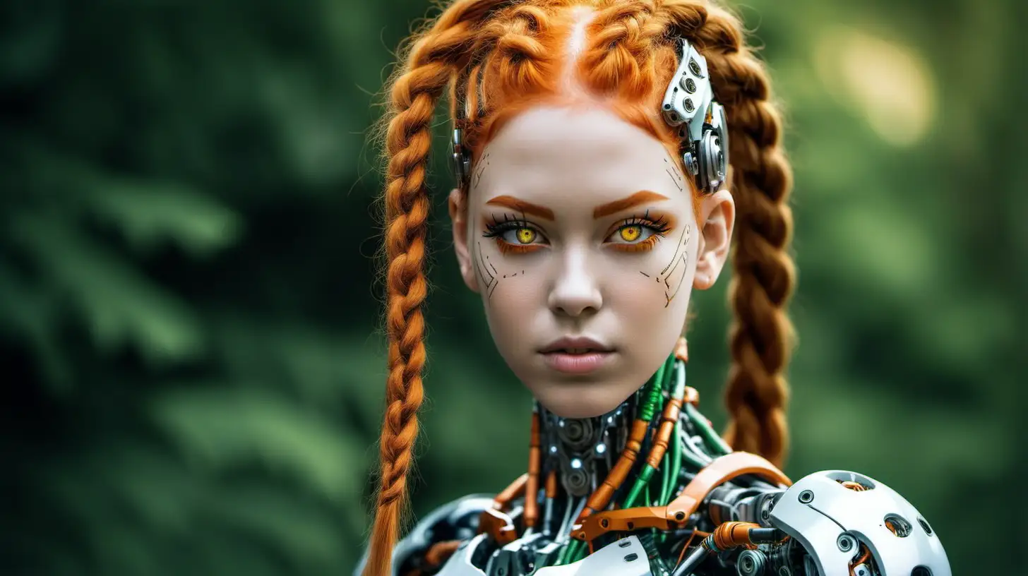Beautiful Cyborg Woman with Orange Wild Hair and Green Eyes