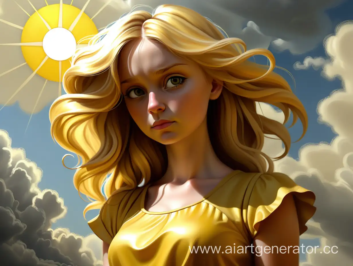 Девушка,золотые волосы,желтое платье ,солнце,свет,блики, облака, высокая детализация,реалистичность