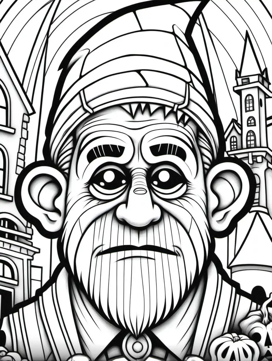 coloring page, Frankenstein gnome, bold thick lines, detailed, black and white