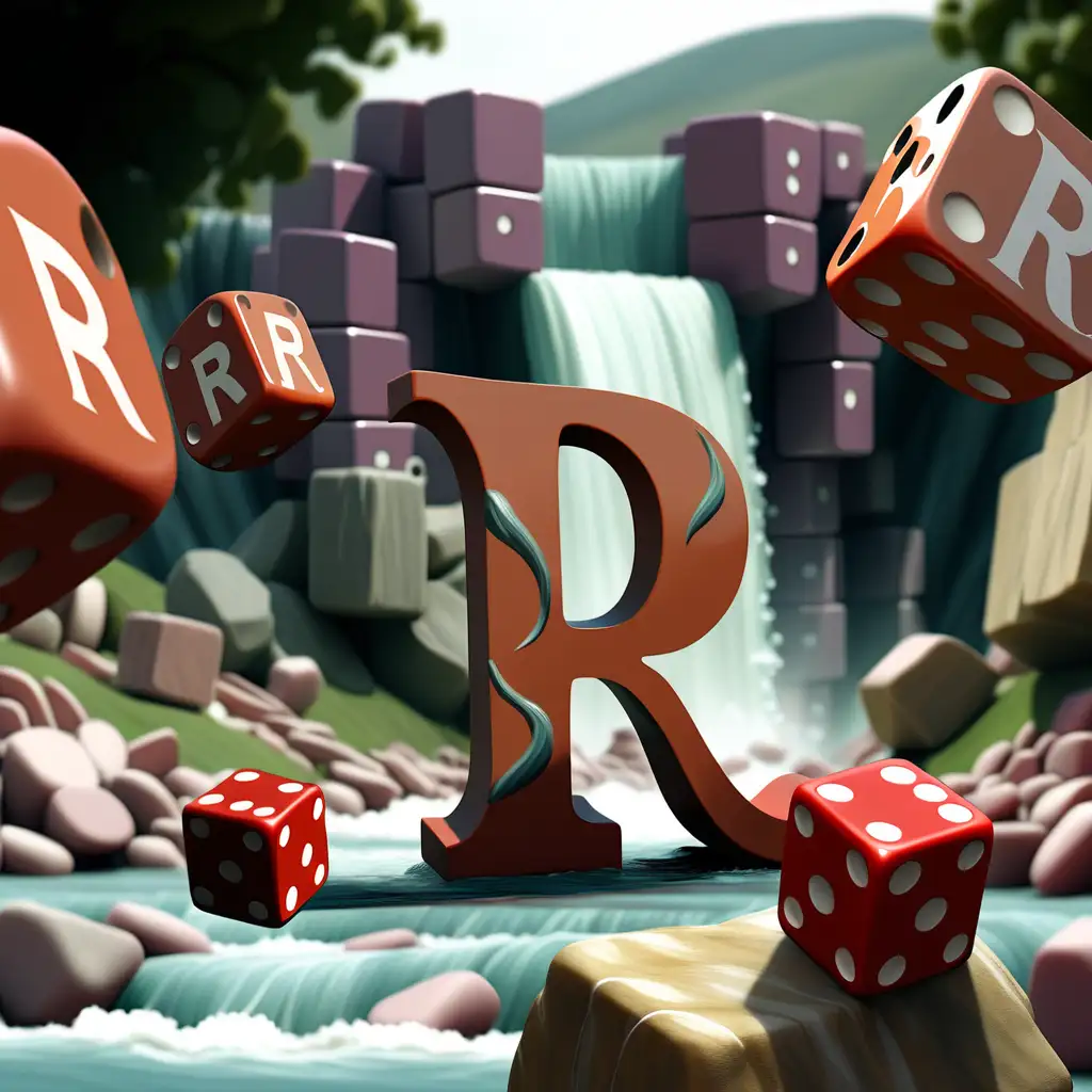 letter R R, rocky dice, river, waterfall