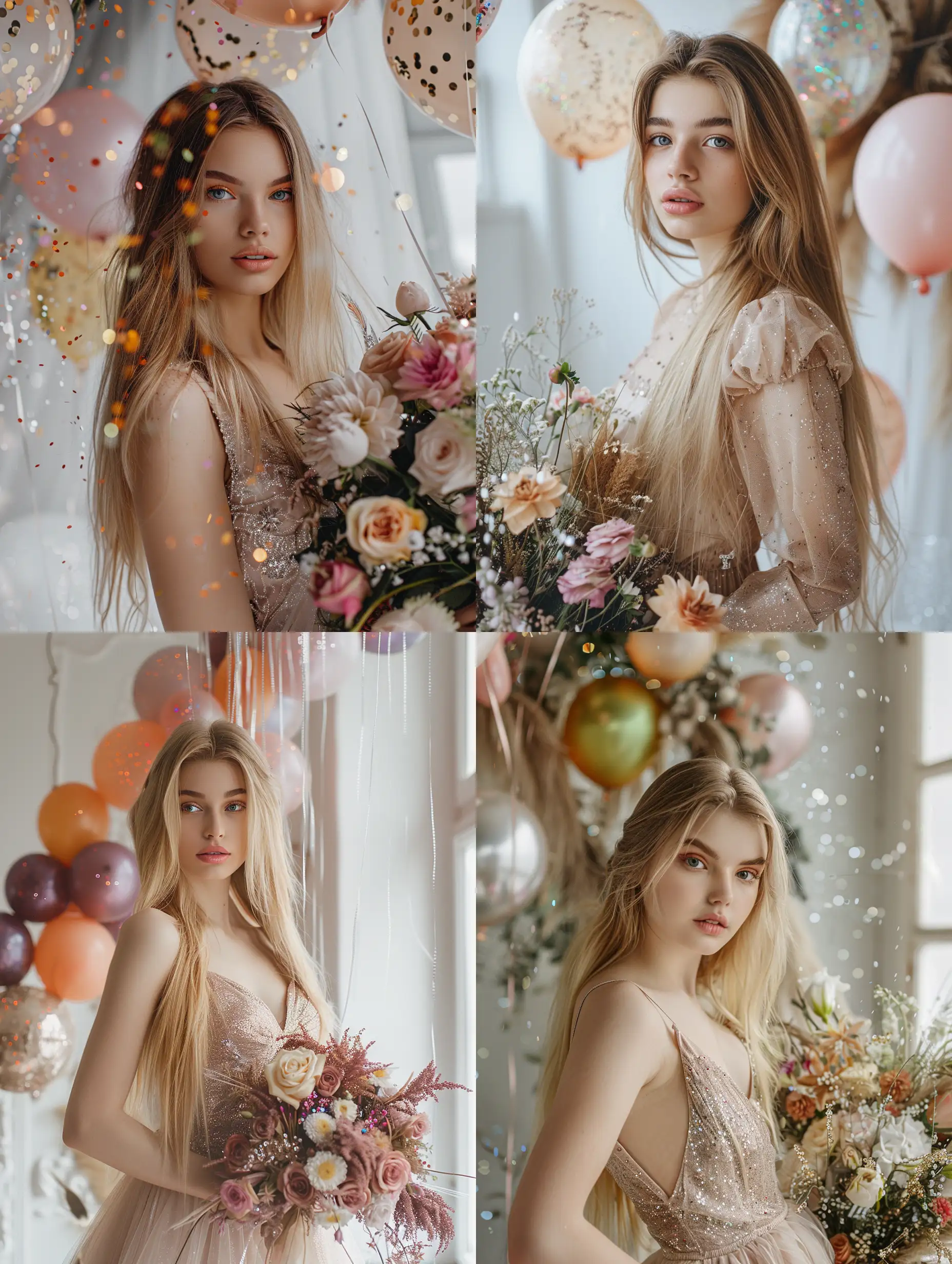 Young woman with blonde long hair in studio in a dress in a room with white walls in the hands of a lush bouquet of flowers. The room is decorated with glitter and balloons made of falsa realistic photo photo shoot girl looking at the camera face well seen detailing 