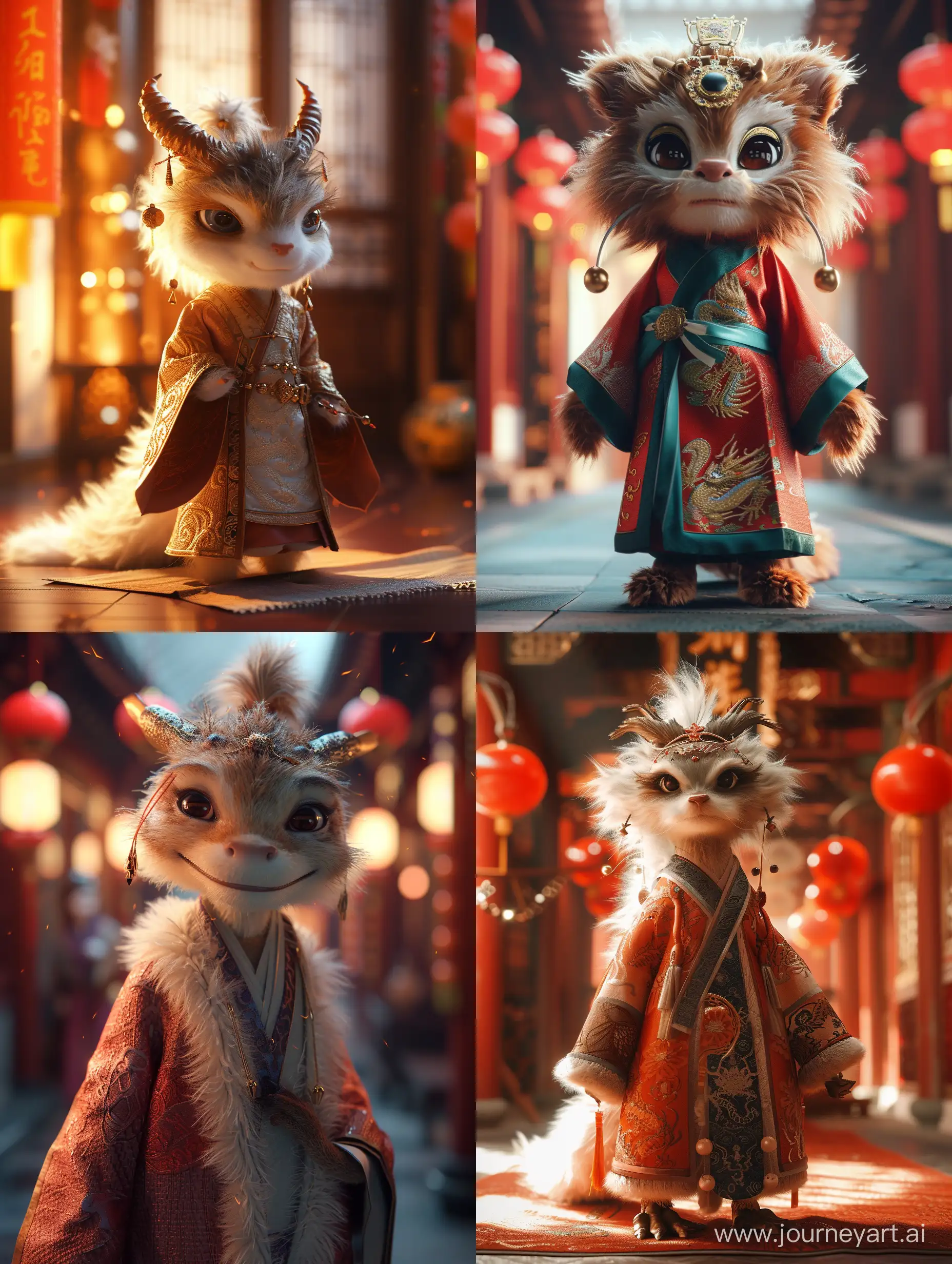 A cute and adorable Chinese dragon with a humanized appearance, dressed in traditional ancient Chinese robes, with fluffy fur, rendered in cute 3D animation style using OC rendering and C4D. The scene is enhanced with stunning lighting effects using ray tracing technology, resulting in an 8K HDR best quality image. 