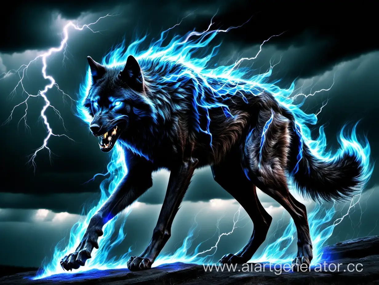 Черный волк с голубым огнем и молнией