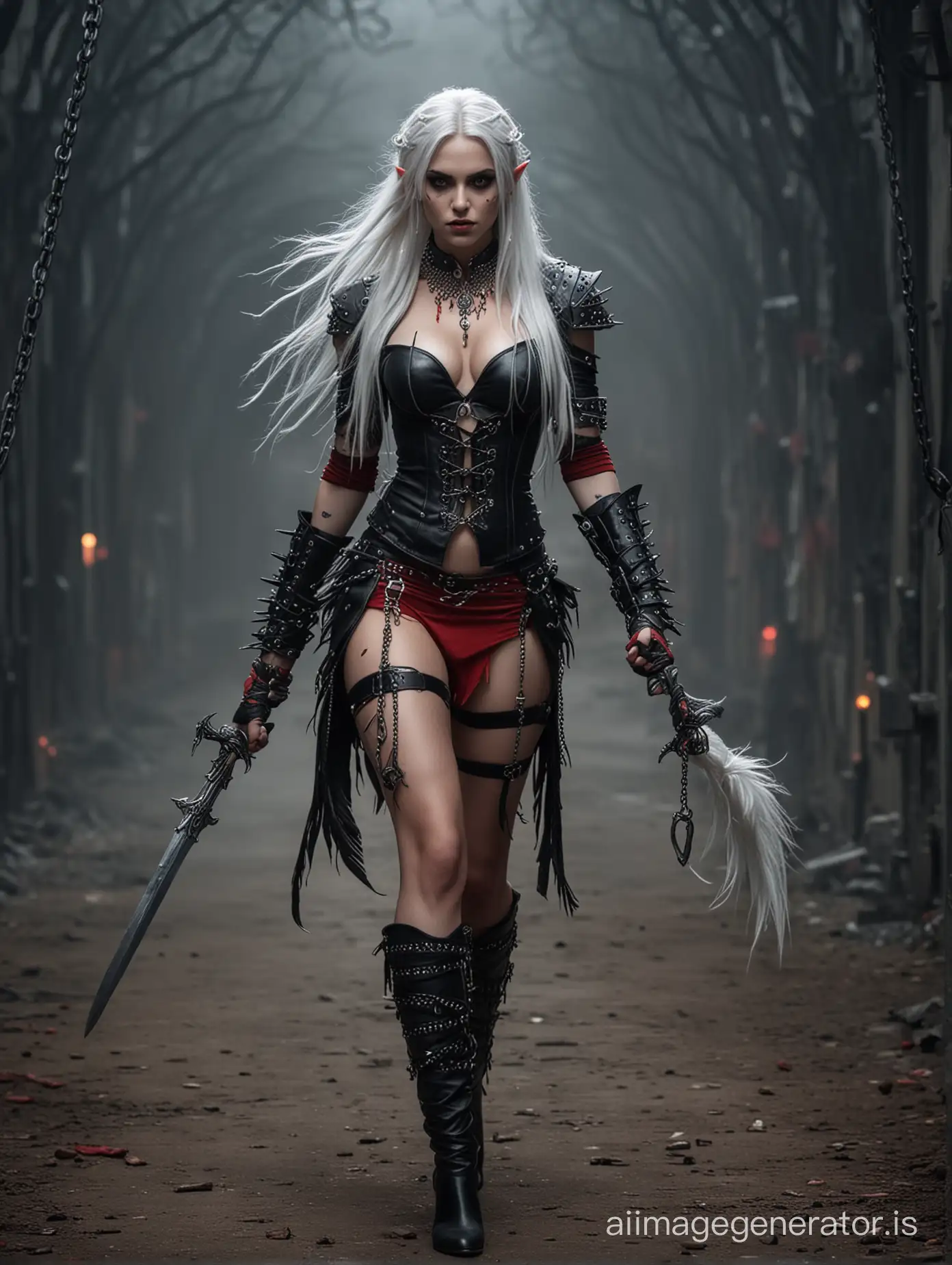 Young thin sexy female elf with very long white hair, grey skin, red tattoos, black glowing eyes and running eye makeup. Wearing red spiked studded leather with black feathers. carrying  dagger and chains. Background is dark and full of shadows