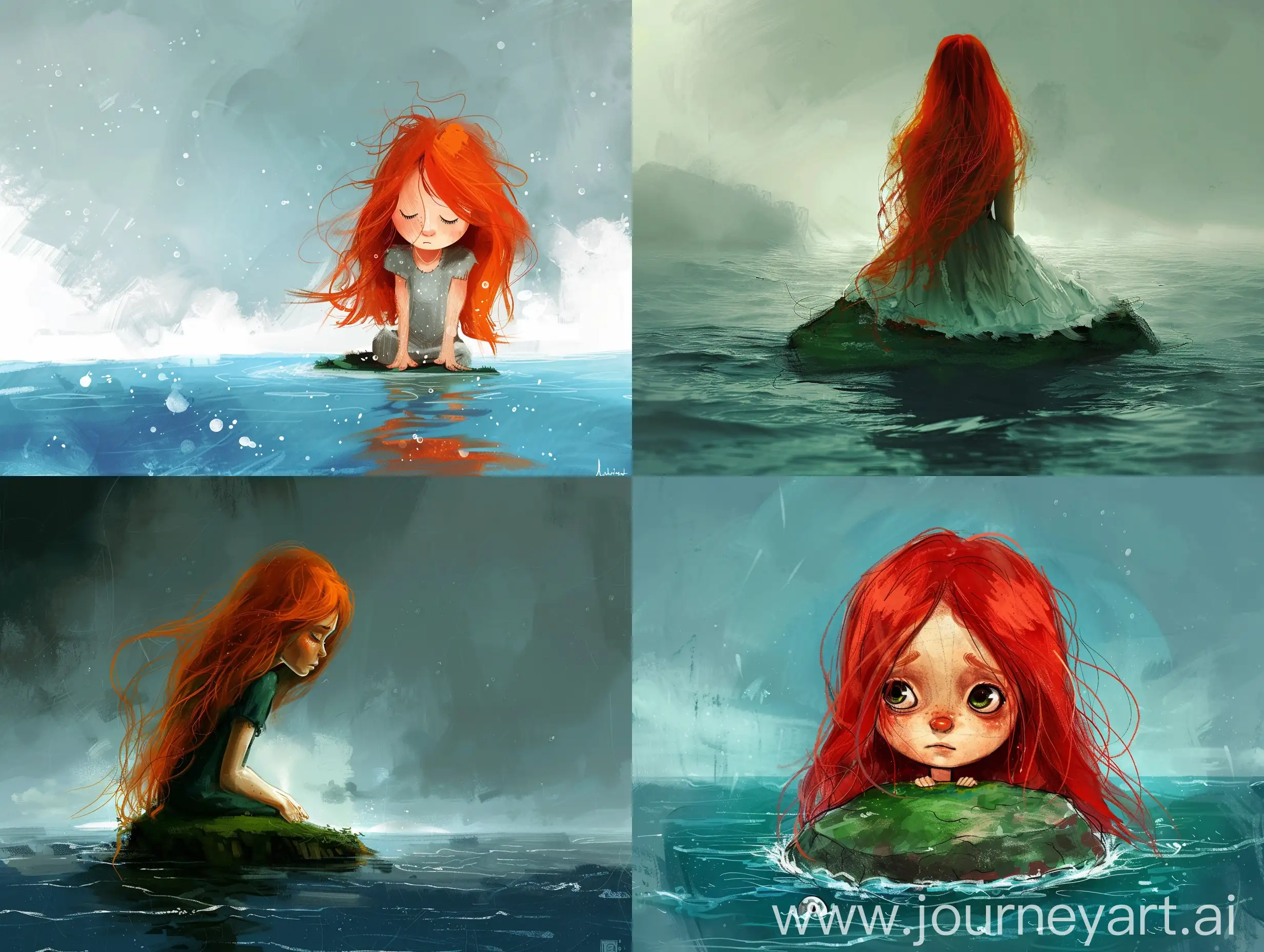 Lonely-RedHaired-Girl-Island-Ocean-Solitude-Art