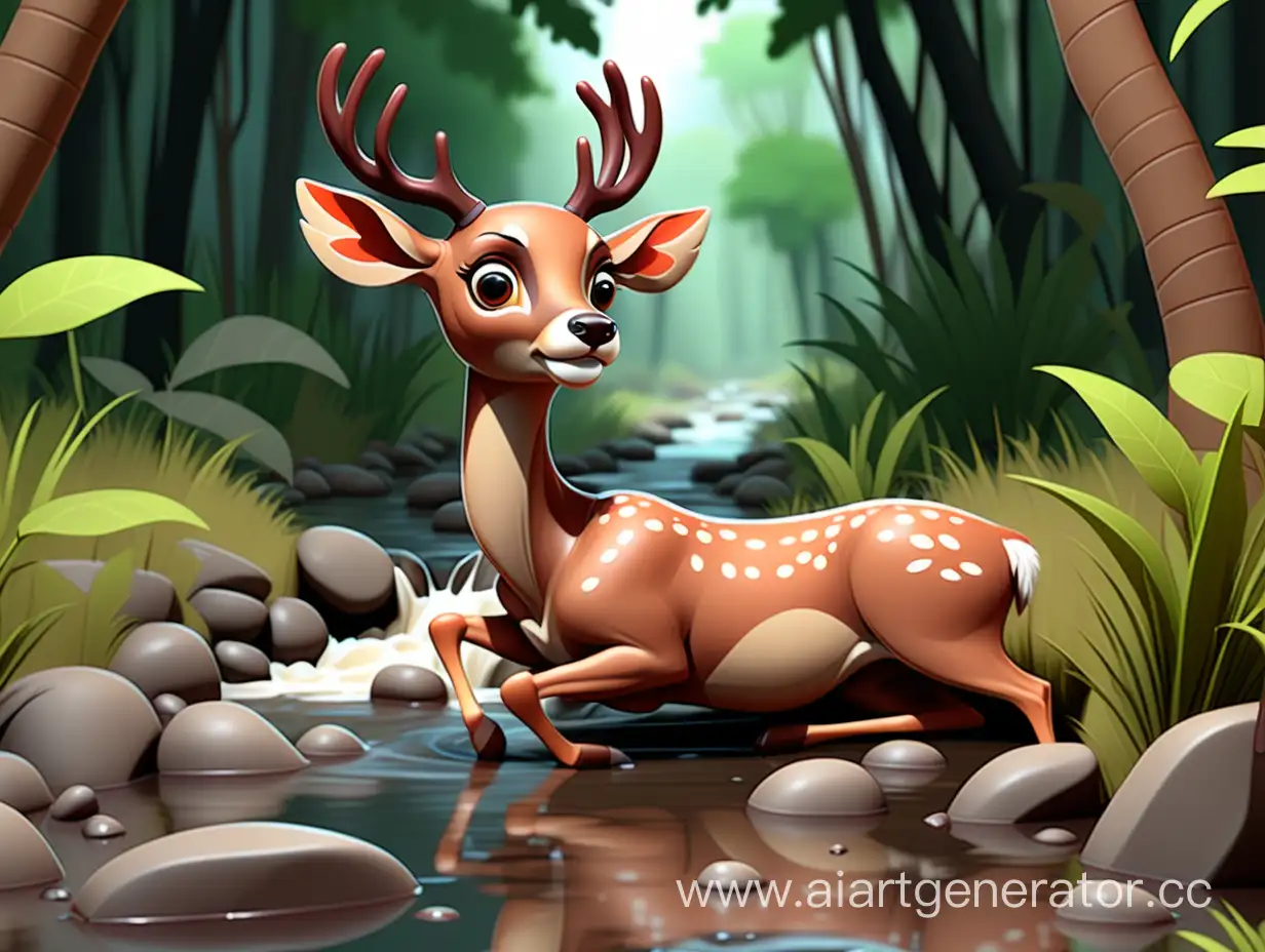 cartoon style, 8k, one injured deer on the bank of a stream in the jungle