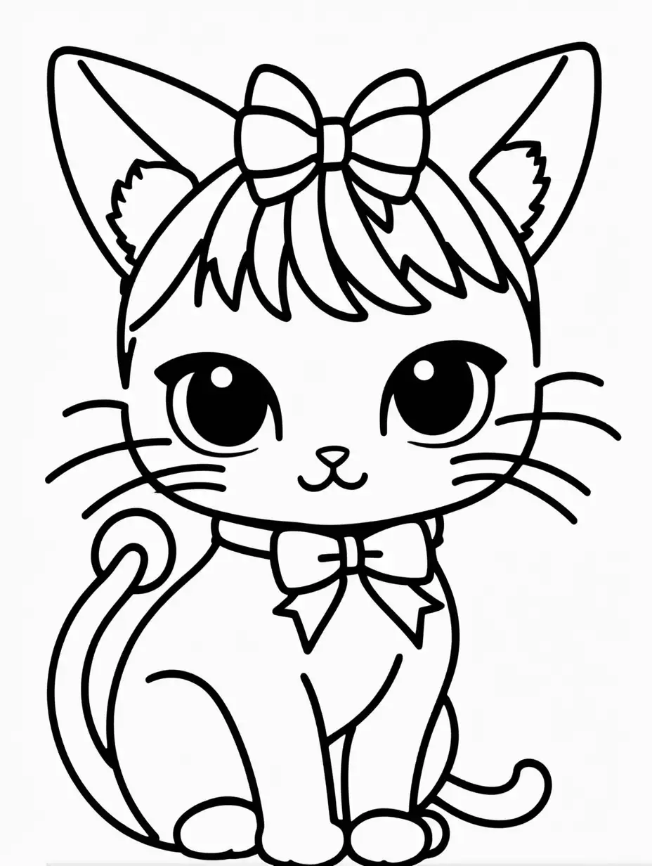 Coloring page for kids with a cute kawaii female cat with a ribbon on the head, black lines and white background only black and white