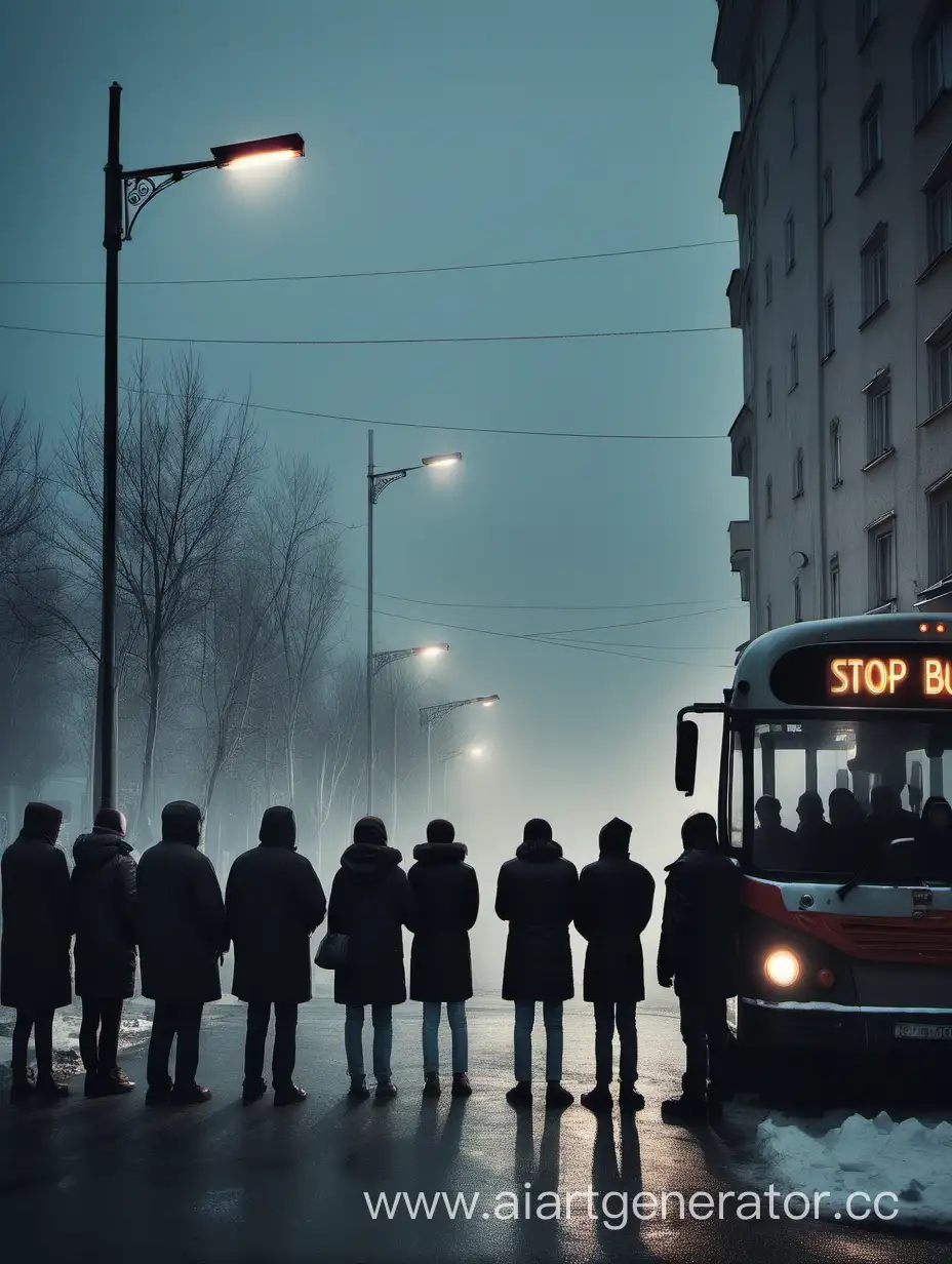 Остановка из толпы людей, стоящих в шеренги на автобус, на улице светят фонари, мрачная атмосфера, действие происходит в россии