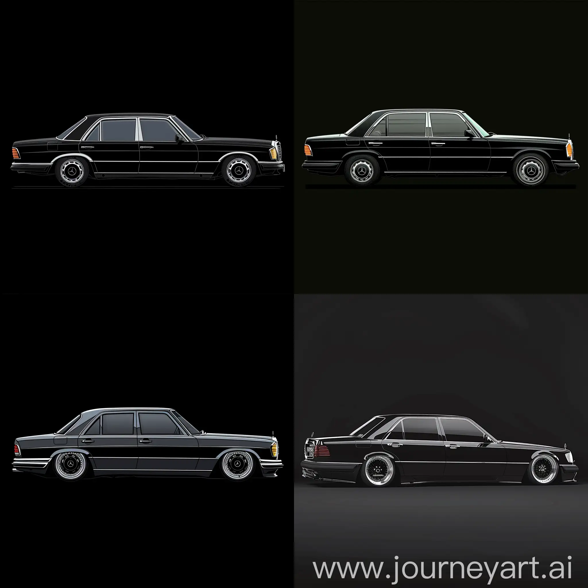 Illustration Black Mercedes Benz W140 S320 in Minimalism 2D Art Style, Simple Black Background, Adobe Photoshop Software, High Precision