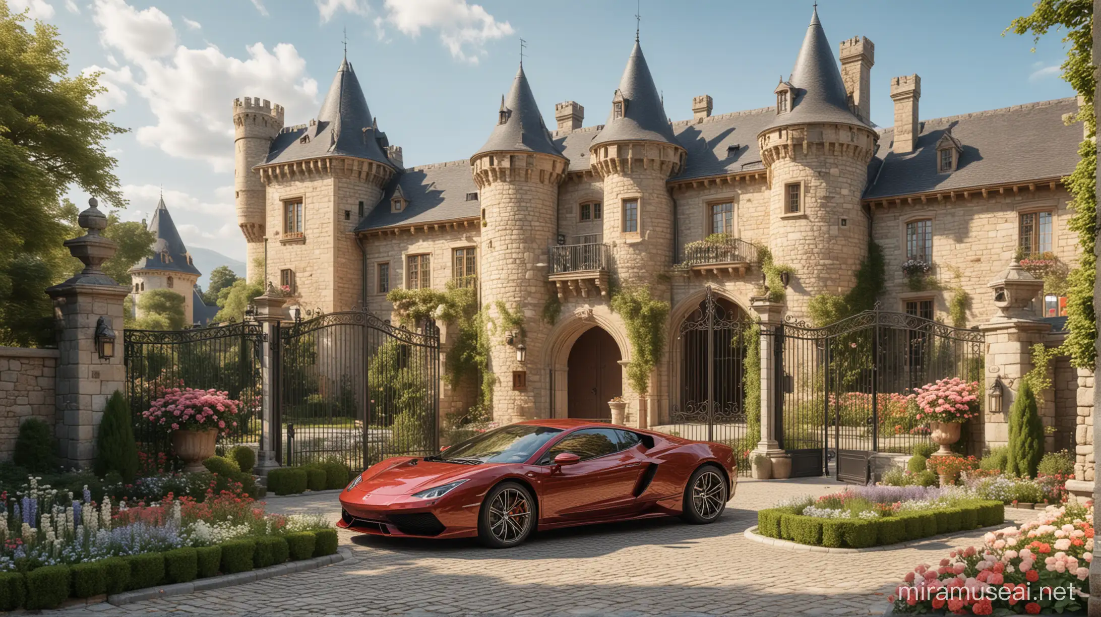 Luxurious Ancient Castle with Flower Garden and Luxury Sports Car