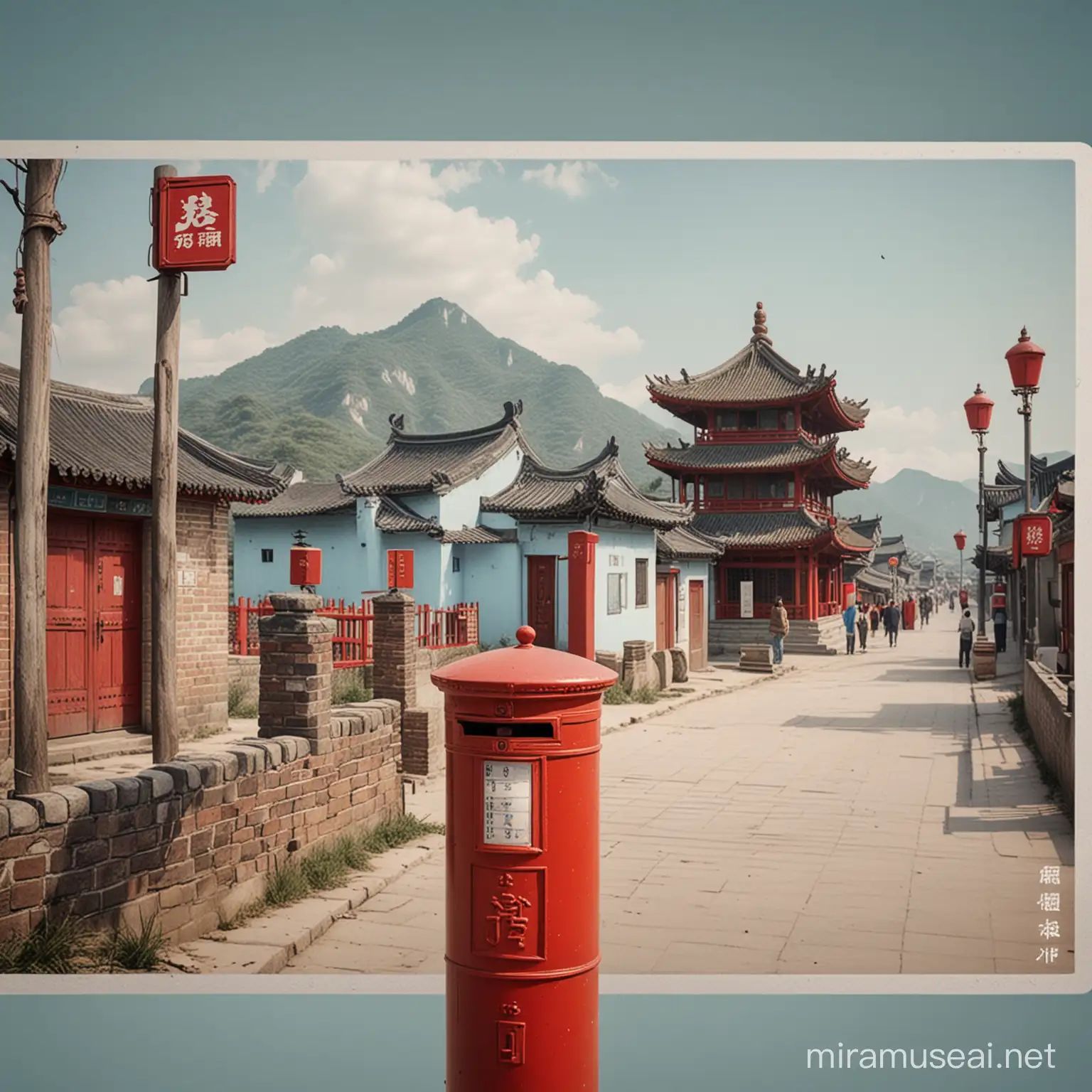 The light blue theme color includes a red post box, several sound postcards promoting red tourism in the old revolutionary areas of China, and the picture is real and high-definition