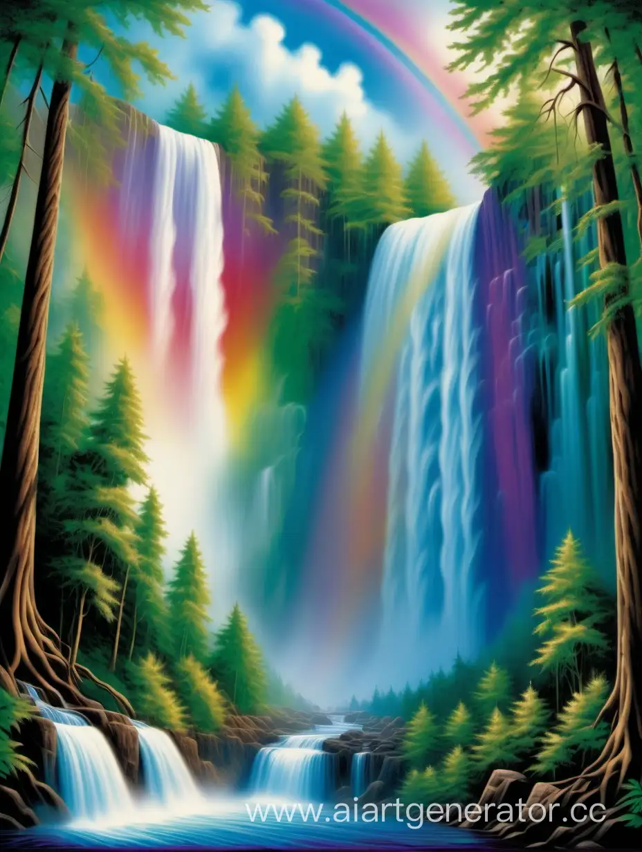 a painting of a waterfall in a forest, cascading iridescent waterfalls, rainbow river waterfall, with trees and waterfalls, multiple waterfalls, waterfall backdrop, waterfalls, air brush art, immense waterfall, breathtaking masterpiece of art, airbrush fantasy 80s, airbrushed artwork, rainbow, forest and waterfall, with waterfalls, floating waterfalls, cascade, airbrush art