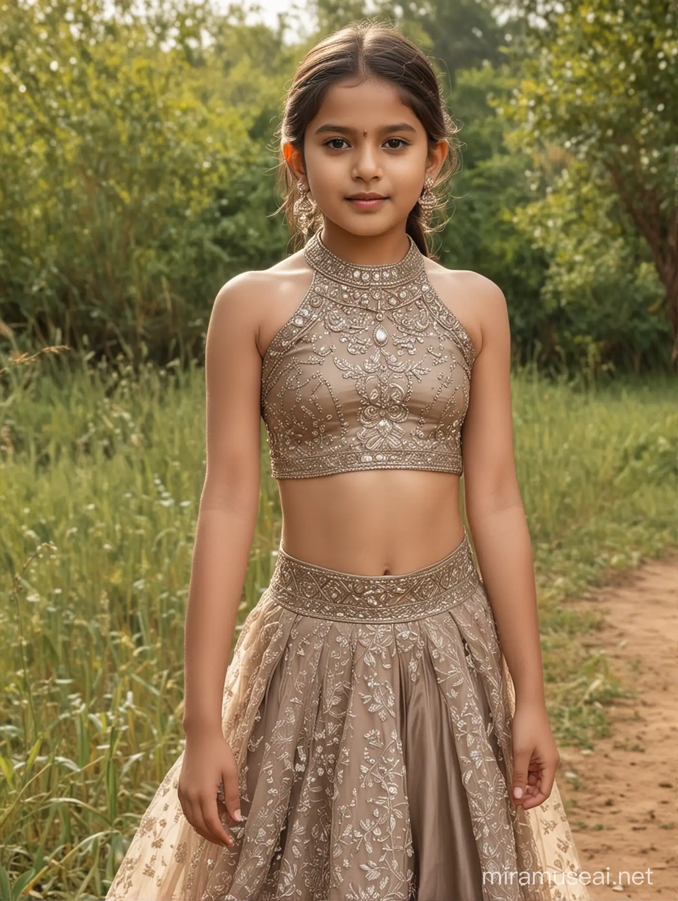 9 years old girl, white skin, beautiful, hyper realistic, wearing taupe very thin halter neck very thin choli with lehenga, her front view, in nature