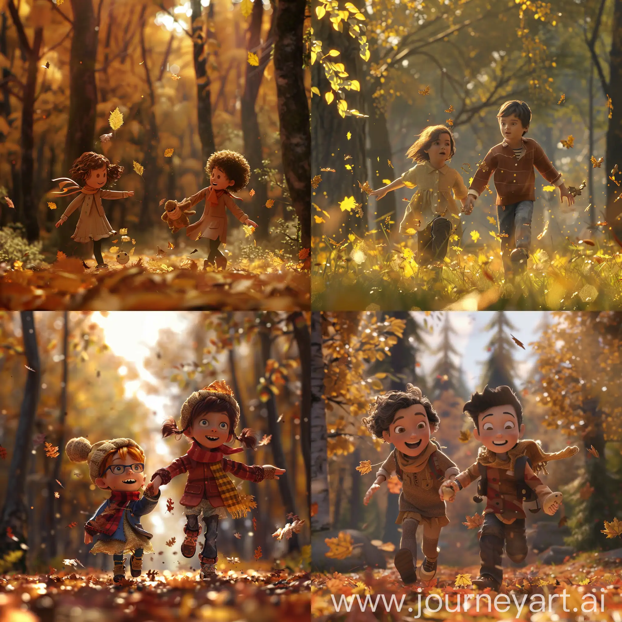 A girl and a boy are walking in the woods and throwing bread :: 3D animation 