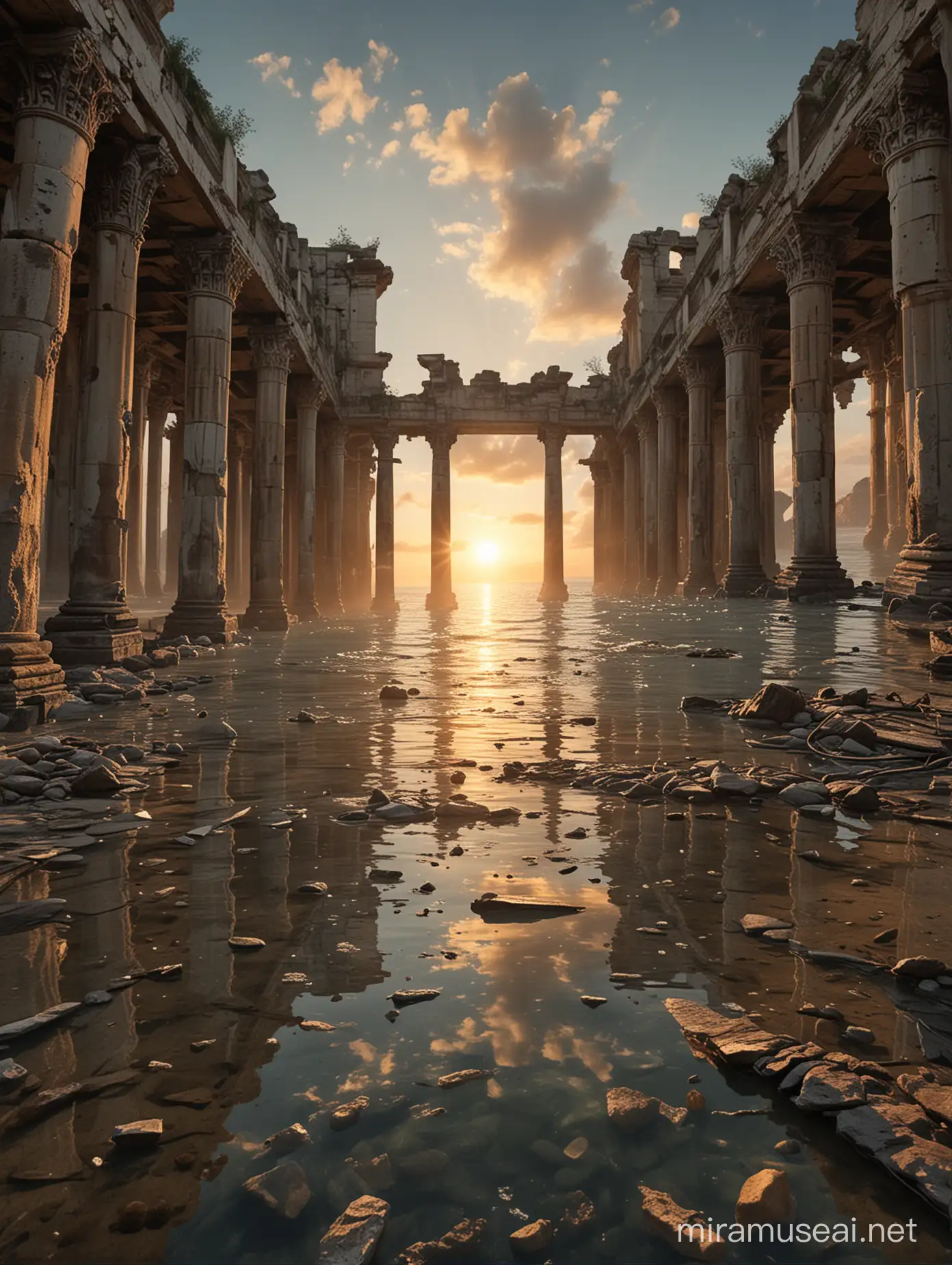 Immagina una foto realistica e accattivante di un vasto paesaggio marino, dove il terreno è disseminato di rovine e detriti che affiorano dall'acqua. Al centro dell'immagine, un'enorme struttura architettonica in rovina si erge verso il cielo, con pilastri e muri scrostati che sembrano sfidare la gravità. Attorno alla struttura, ci sono scogliere e reti poste ad asciugare su sottili pali di legno, con tracce di vita umana abbandonata e dimenticata. La luce inonda la scena provenendo da sinistra. Il cielo del tramonto è sereno, realistico e terso, mentre un senso di desolazione e mistero permea l'intera scena. La luce è trasparente e cristallina. La luce ha volume e si diffonde cristallina su tutta la scena producendo riflessi di grande emozione sull'acqua e sull'architettura. L'acqua è trasparente e tranquilla con riflessi. Aggiungi dettagli accurati e realistici alla scena, con un tocco di mistero. L'atmosfera è vibrante e liquida, filtrata e serena.