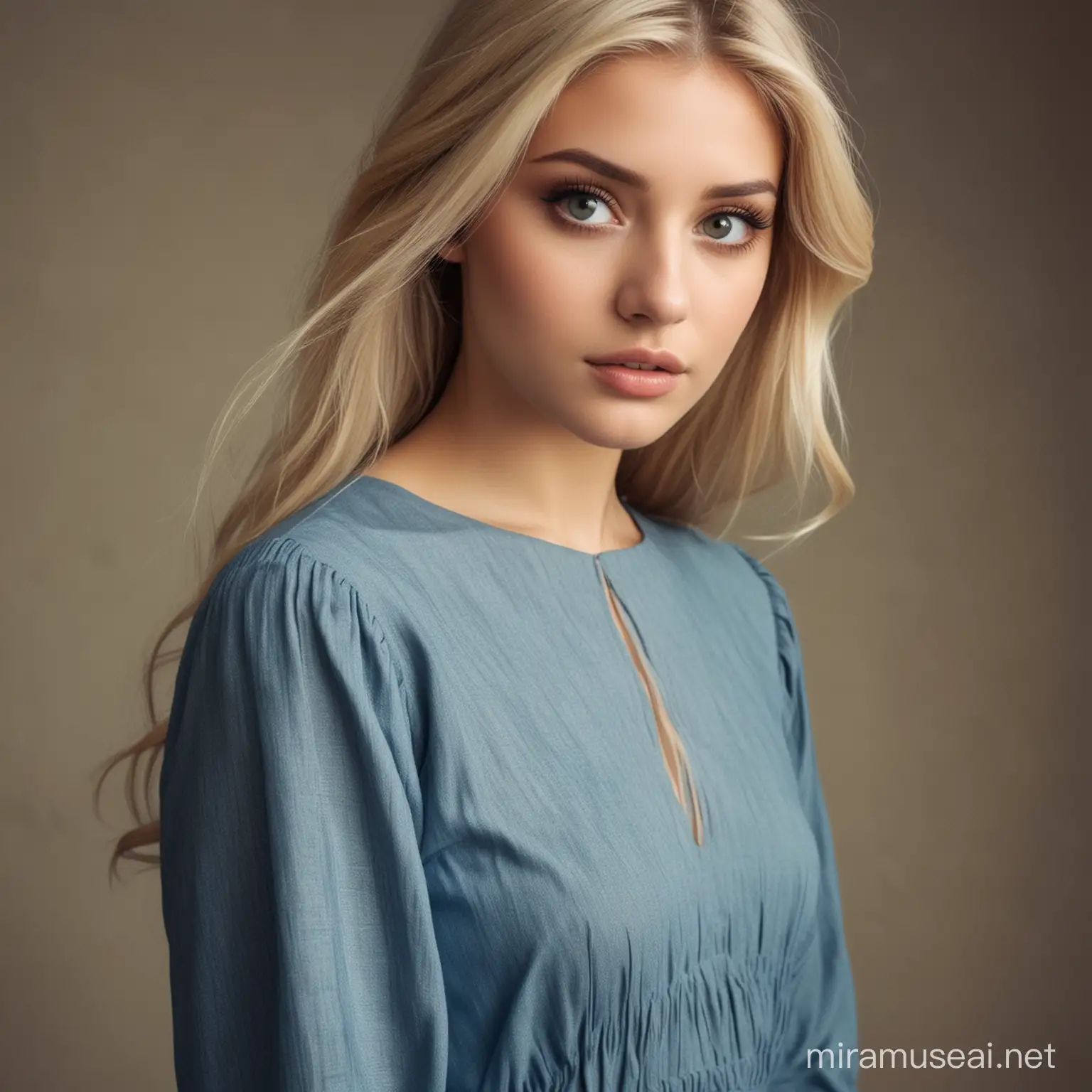 Scared Blonde Girl in Long Blue Dress with Brown Eyes and Long Eyelashes