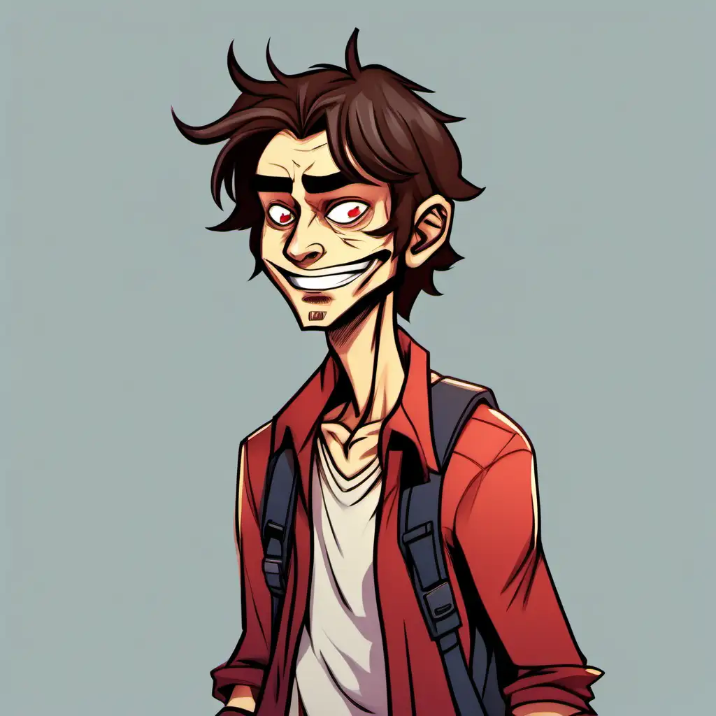 A skinny hitchhiker with medium length brown hair. He looks a little crazy and has a red scar on one side of his face. Emote Style.