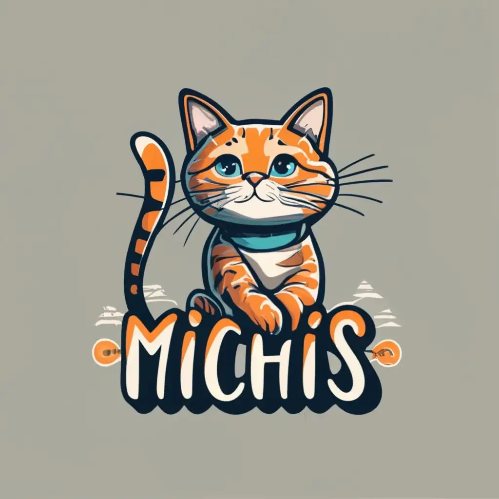 logo, cute orange tabby cat created using the word MICHIS,  with the text "michis", typography, be used in store pet, the logo should not be in 3d