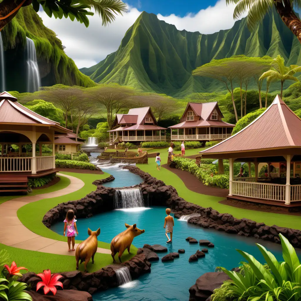 Hawaiian Mansion Village with Kids and Boars by a Stream and Waterfall