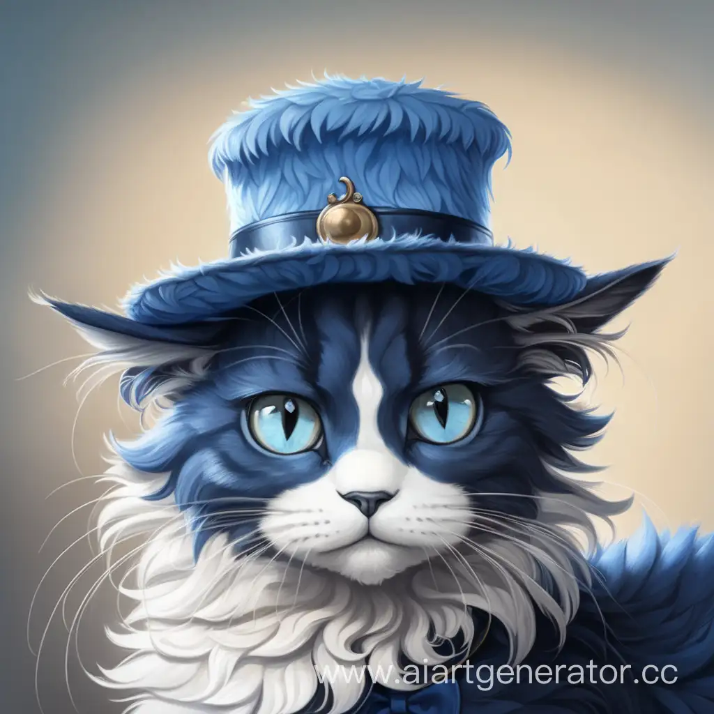 Кот со шляпой перата. Сам кот голубой с белым глаза тёмно-синие пушистый и смотрит в кадр