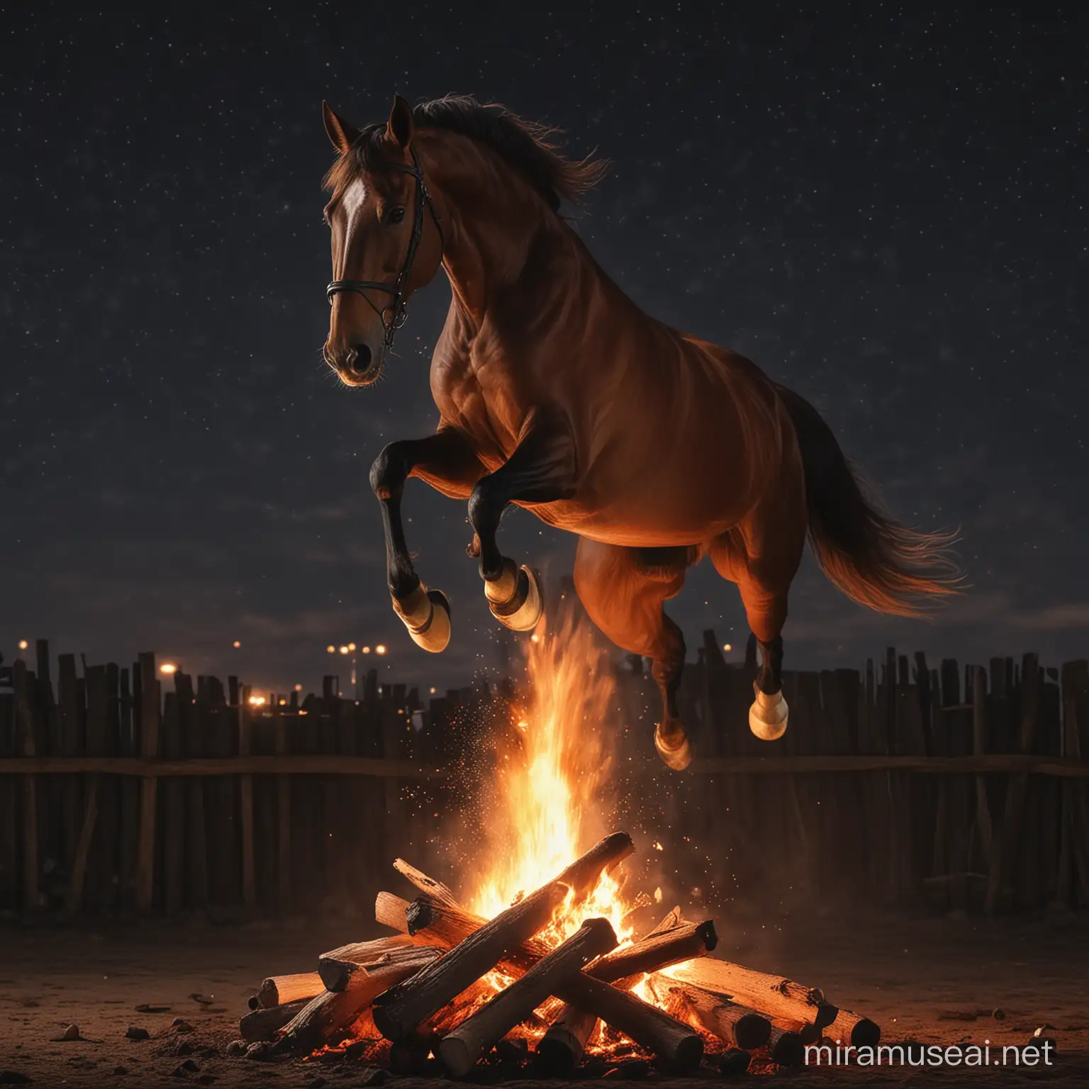 Bay horse jumping over a bonfire at night realistic