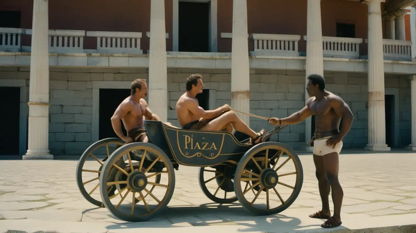 Muscular Men in Ancient Greek Chariot Summoning SlaveBoy