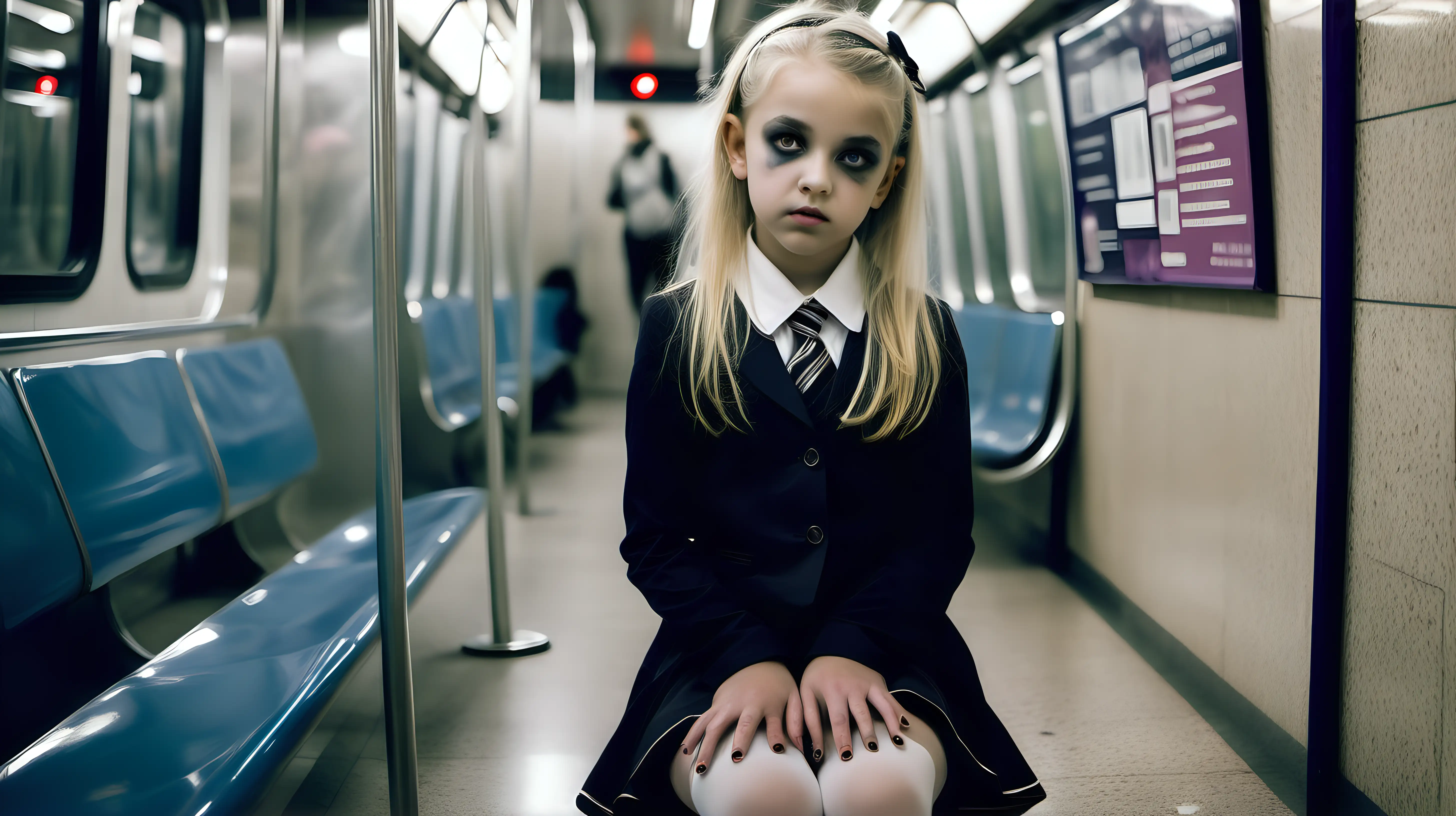 
 
shot with Nikon AF-S DX NIKKOR 35mm f/1.8G Lens in the street  

portrait of gothic blond little girl 9 years old little girl, wearing schoogirl uniform, black  tights diffused light low pony hair clear eyes  wearing    tights  with mom  nordic model, sitting on a seat in the subway diffused light
, elle porte  des collants en cellophane  transparents, sa maman Goth girl. Neon lights.  .  makeup flow, zoom face
wearing latex shiny dress 
des hauts talons stiletto,  
 dans les couloirs du métro, beaucoup de néons et de lumières blanche

with mom  wearing     dress,   black tights, [Highly Detailed]     
with high heels stiletto,  
look sad, make-up flow

zoom face

suntanned skin, natural skin texture, (highly detailed skin:1.1), 
textured skin, (oiled shiny skin:0.5), 
 ,intricate skin details, visible skin detail, (detailed skin 
texture:1.1), mascara, (skin pores:1.1),  , skin fuzz, (blush:0.5), (goosebumps:0.5), translucent 
skin, (minor skin imperfections:1.2),    
(round iris:1.1), light reflections in her eye, visible cornea, highly detailed iris, remarkable detailed pupils 

portrait shot , zoom eyes

--v 6

