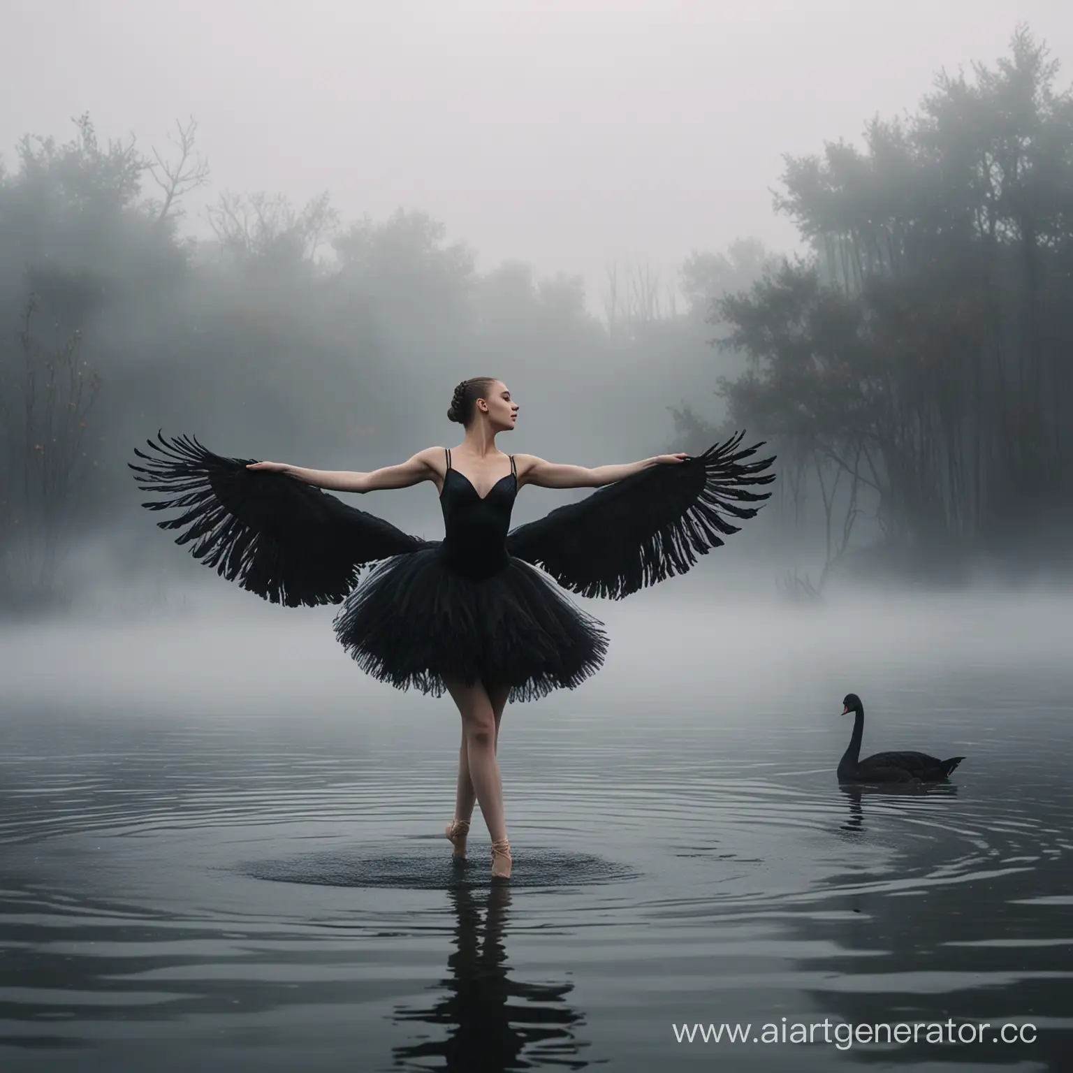 a ballerina girl with black wings in a black dress, the hypostasis of a black swan, a girl dancing on the water, fantasy, fog, a huge black swan in the background