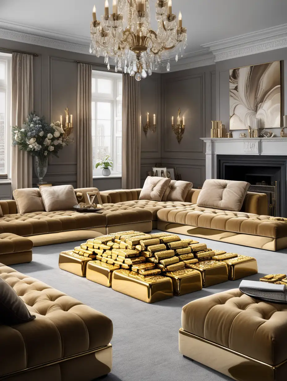 画一个类似的客厅，四周有沙发，中间有大茶几，茶几上摆着堆成山的大小一致的金条




