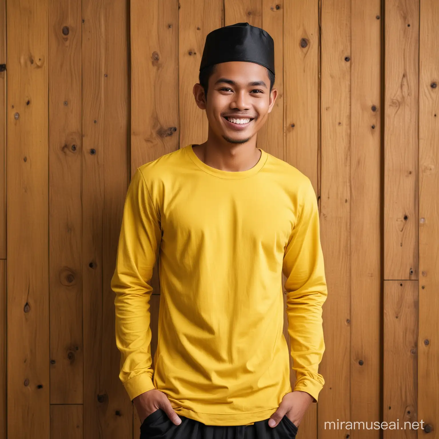 a handsome Indonesian young man wearing a black songkok on his head, a plain pure yellow long-sleeve t-shirt, a black sarong, smiling, standing proud, wooden wall background with abstract, photography