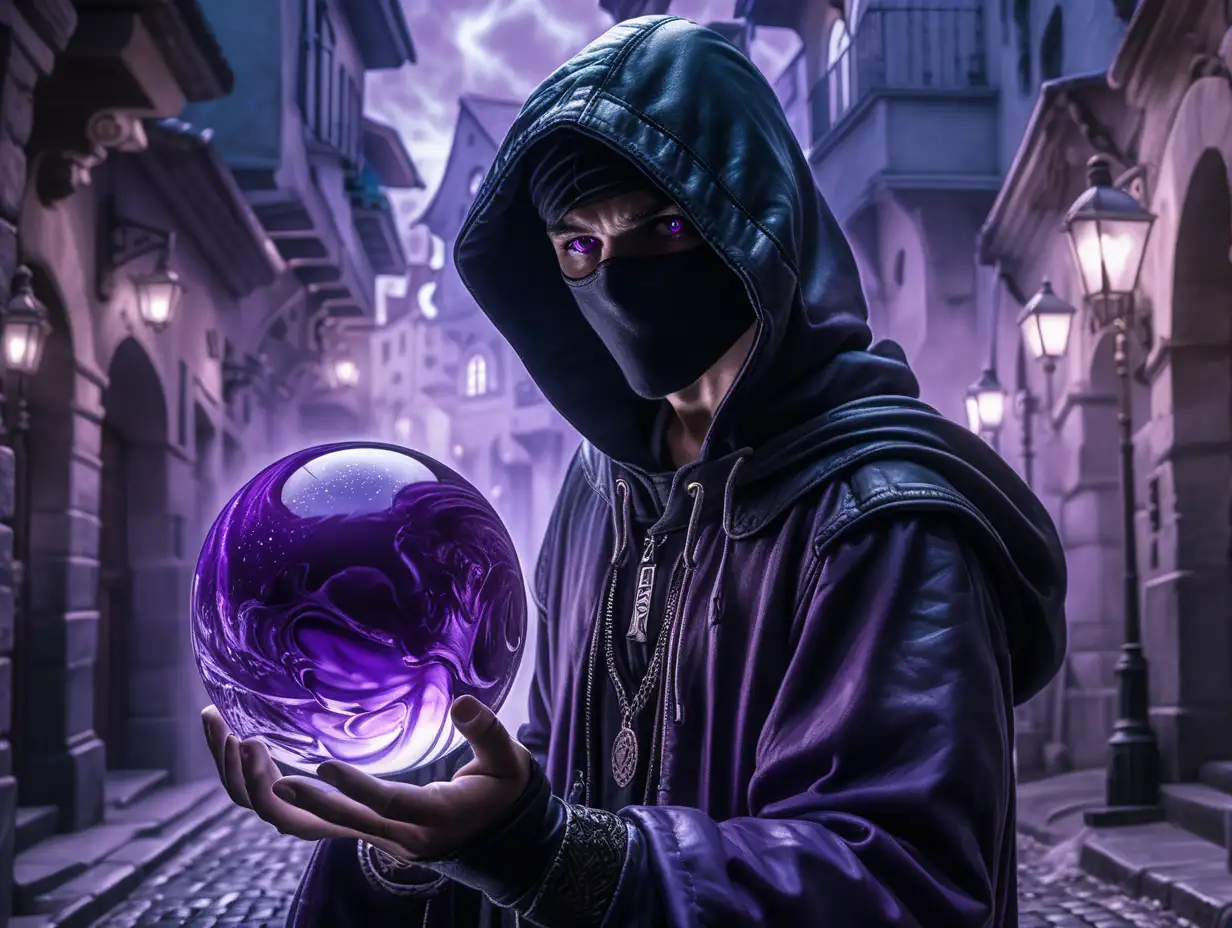 young assassin wearing a black leather outfit with a hood over his head, purple eyes, the background is black and white, hide face in purple mist, blur face, he is gathering a purple ball of magic above his right hand that looks like a marble that warps the space around it, standing in the middle of a dimly lit backalley in the night in an old city, in the style of Alfons Mucha, grim, dark, with emphasis on light play and the transparency of the glass, High and short depth of field, Ray tracing, hyperdetailed, hyper realistic, epic portrait, in dynamics, rich, cinematic color grading, stunning, photorealistic, 8k, shot on Canon EOS-1D X Mark III, photorealistic painting, e video, photo taken of an epic intricate, The camera settings are carefully chosen to emphasize the soft light and the subject: an aperture of f/5. 6, ISO 200, and a shutter speed of 1/125 sec, cinematic 35mm --ar 51:91 --s1000