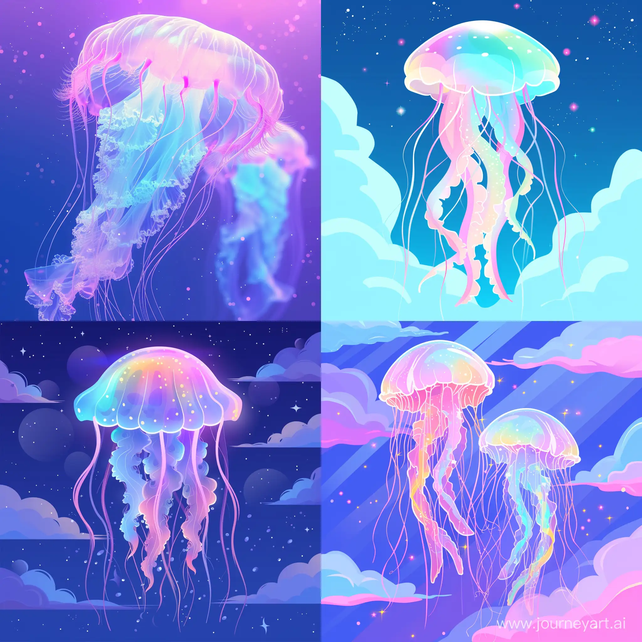 Rainbow Jellyfish, iridescent lighting, delicate delightful charming, dreamy, pastel colors lighting , magic enchanting miscellaneous fancy, sublime, exquisite, ethereal, in flat style --v 6 --ar 1:1 --no 56429