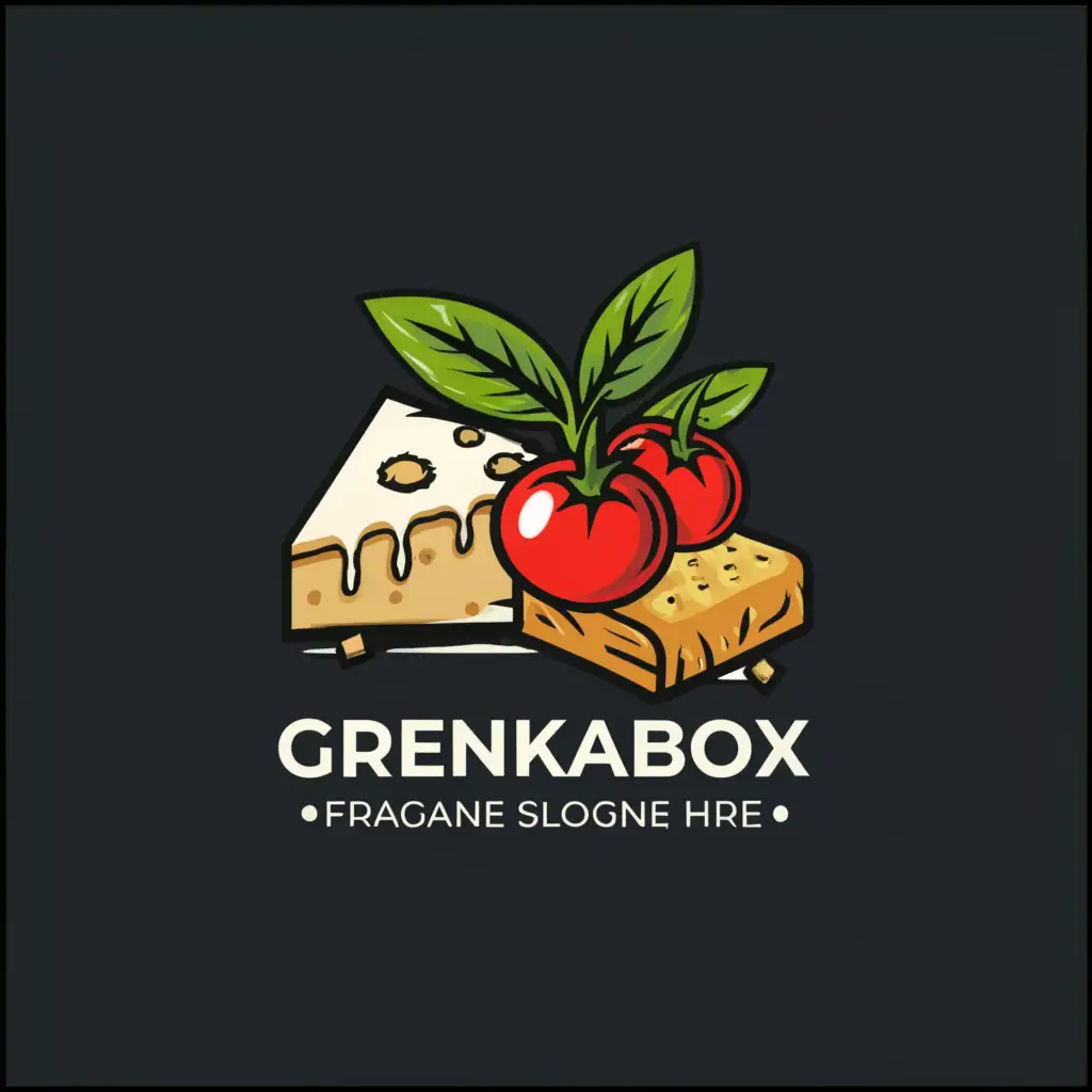 LOGO-Design-for-GrenkaBox-Fresh-Basil-and-Cherry-Tomato-Accents-with-Roquefort-Cheese-and-Crouton-Emblem