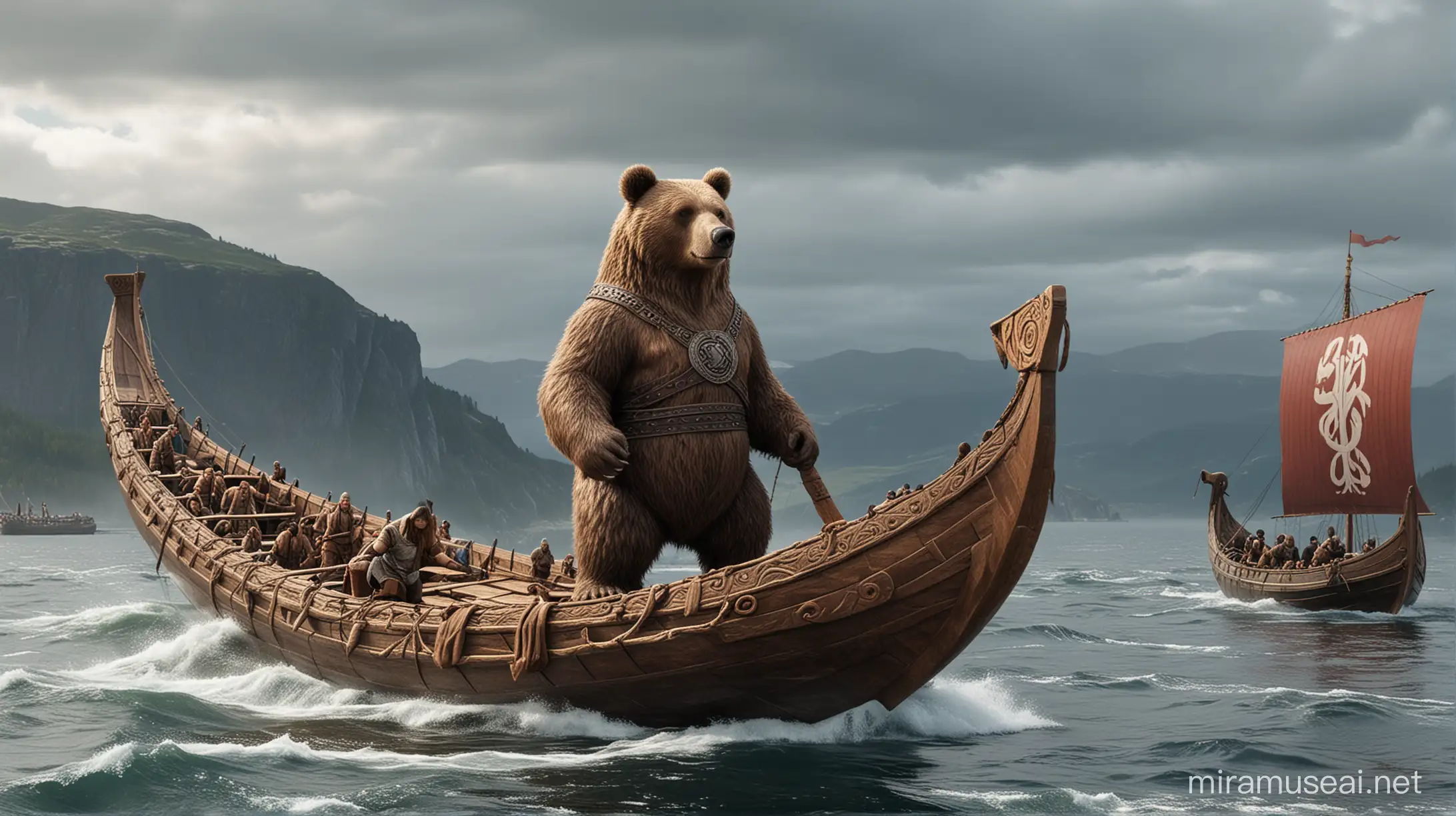 bear with viking ship in the background