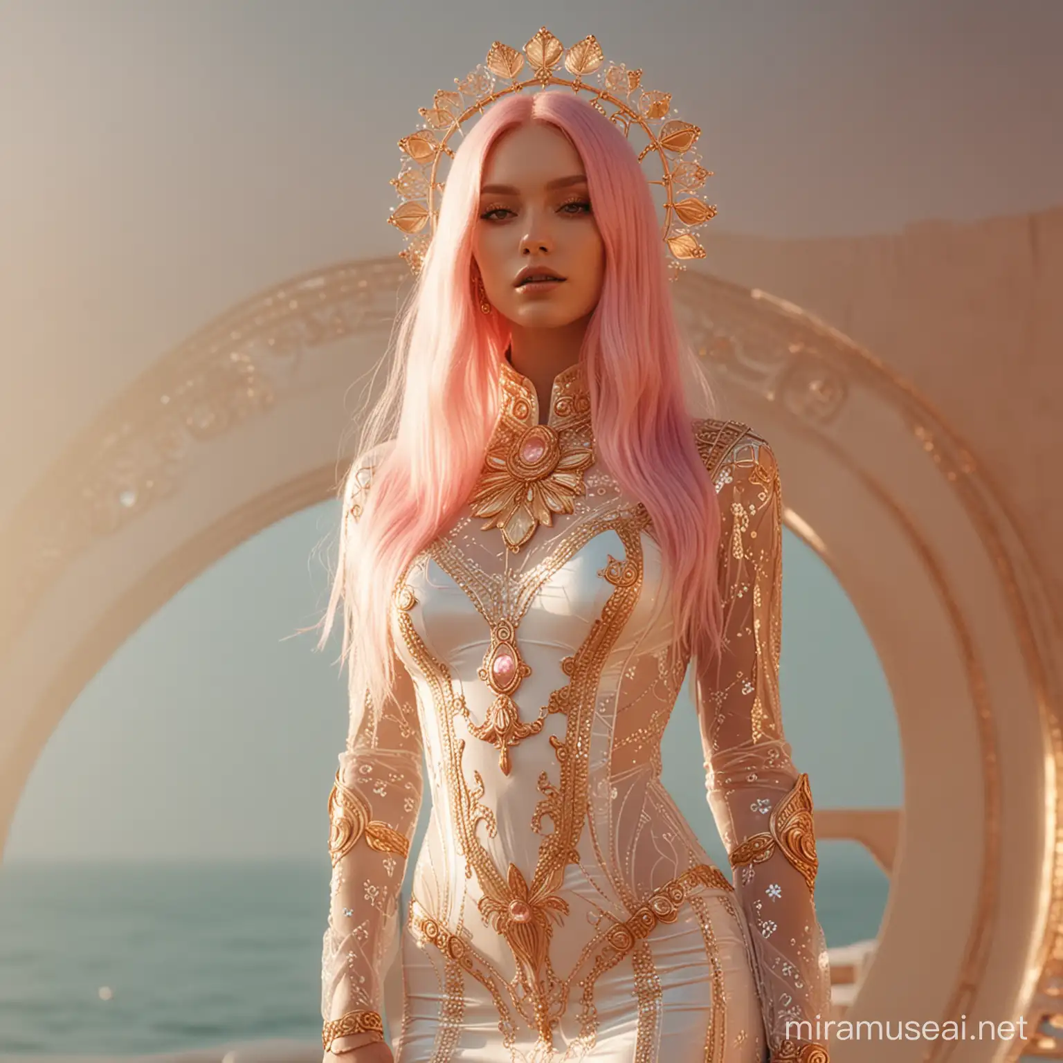 futuristic goddess, gorgeous, ornate epic, fantasy, in floaty futuristic minimalistic white and gold semi-transparent mermaid nylon dress and headwear, ethereal long pink hair, edgy metal hair-clips, golden hour light, mandala, full body, in the style of Gucci, highly detailed, movie quality