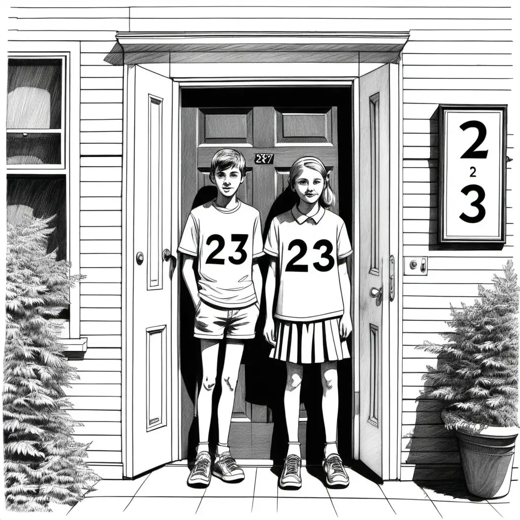 simple black and white color book drawing of two older teenagers standing in front of door number 237