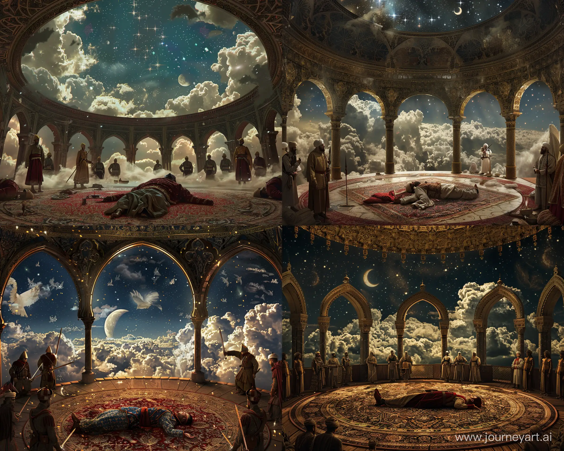 inside of a round hall with muqarnas covered ceiling and persian arch windows, a dead prince lying on the persian carpet surrounded by ottoman janissarys, clouds and stars and moon outside --ar 5:4