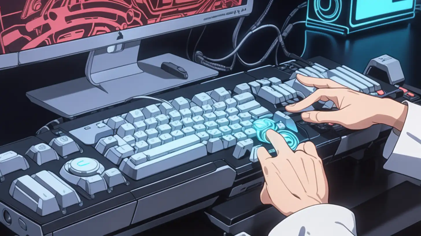 anime hands pushing futuristic trigger button on computer console 