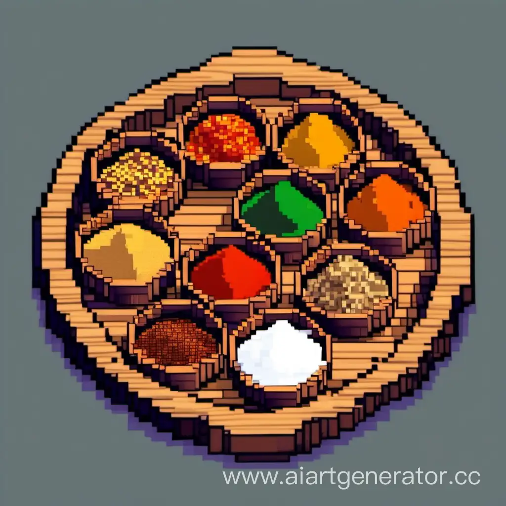 горстка цветных специй в деревянной тарелке в стиле пиксельарта