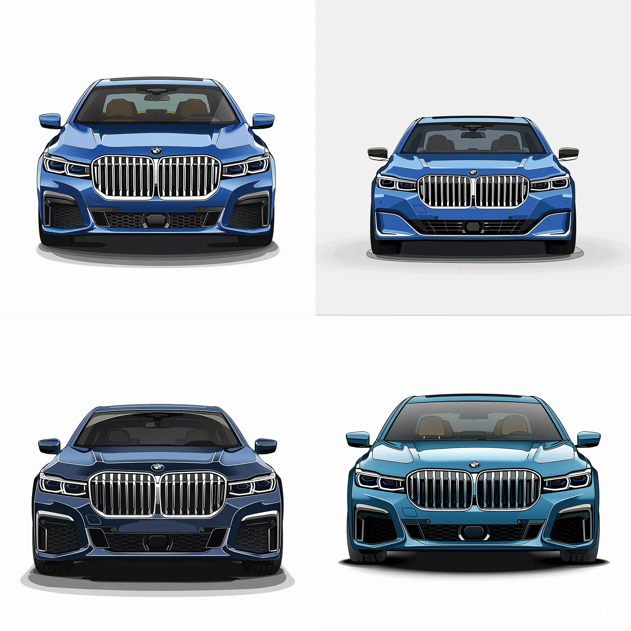 Minimalism 2D Car Front View Illustration of: Blue BMW 7 Series (G70), Simple White Background, Adobe Illustrator Software, High Precision