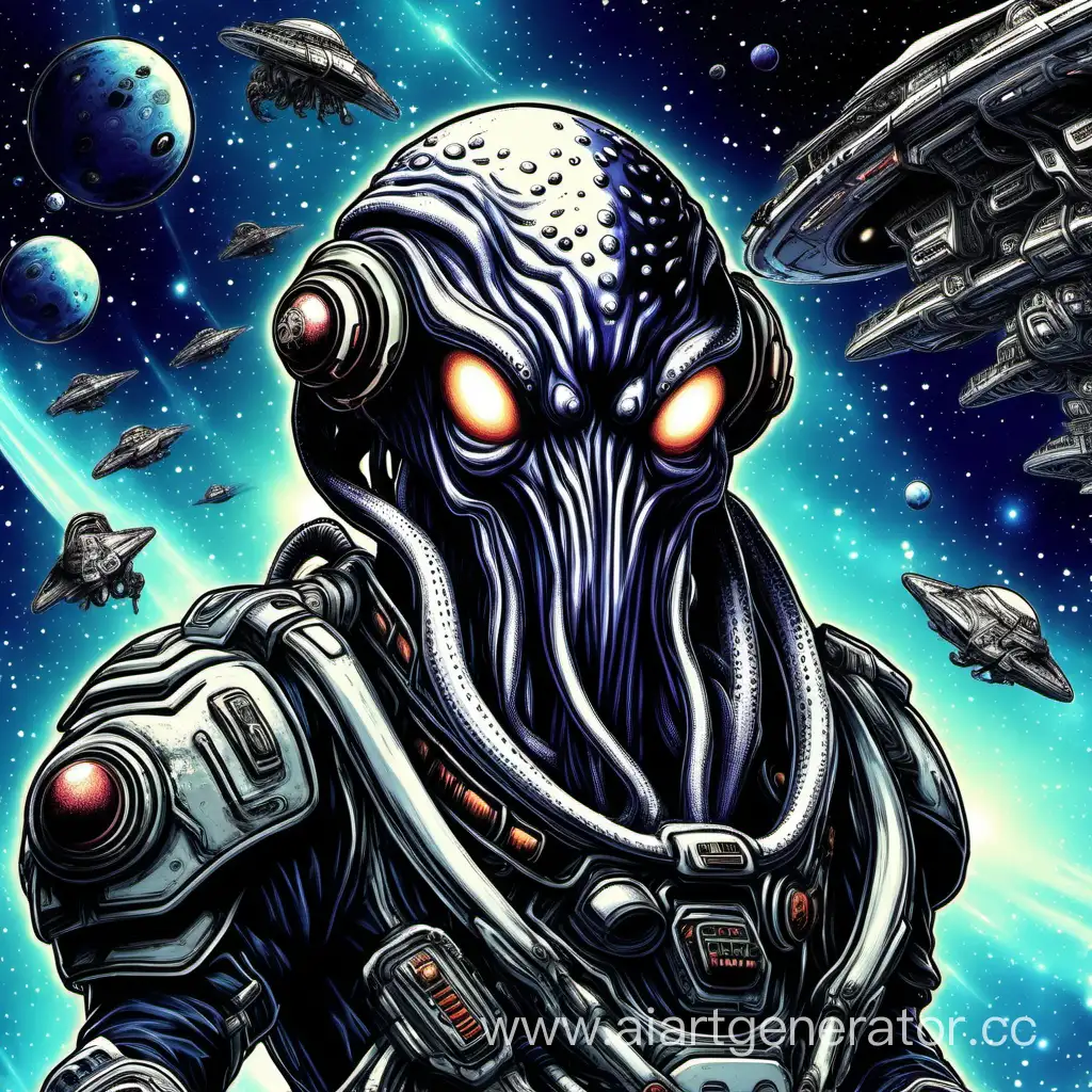 Инопланетный Герцог галактического флота похожий на осьминога в шлеме повстанца
Фон космос