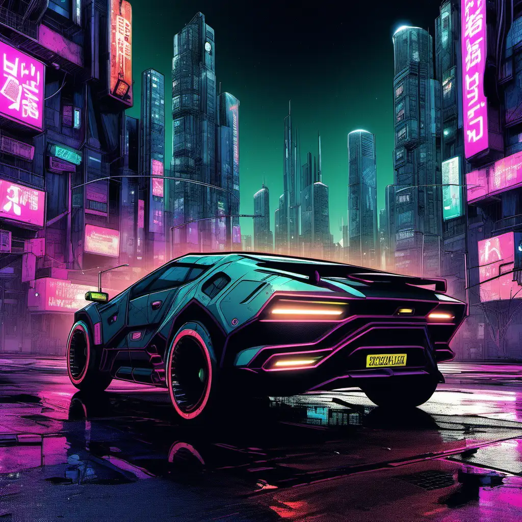 a sporty and robust car in a cyberpunk city at night.