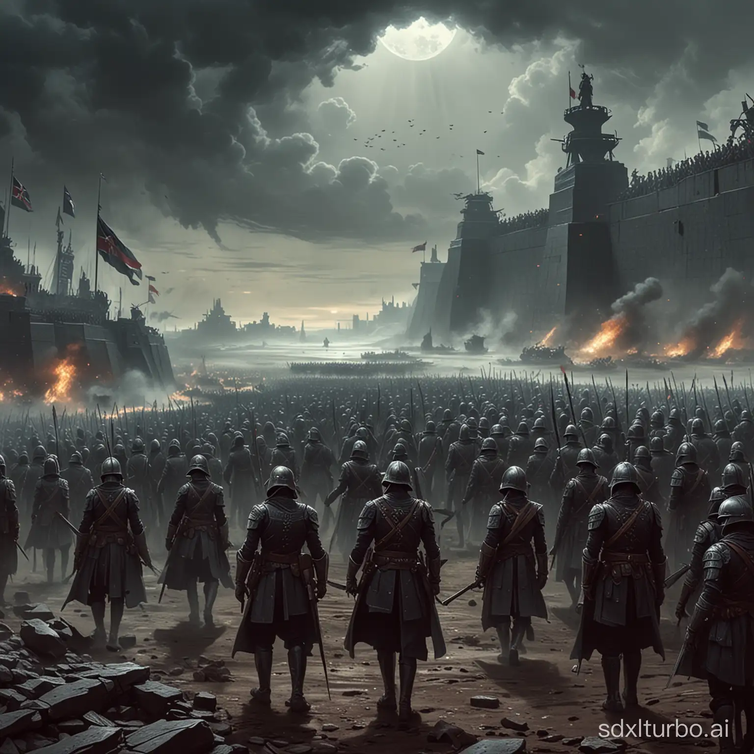Draw a revolutionary army being reviewed by a dark ruler, the scene should feel futuristic and awe-inspiring.
