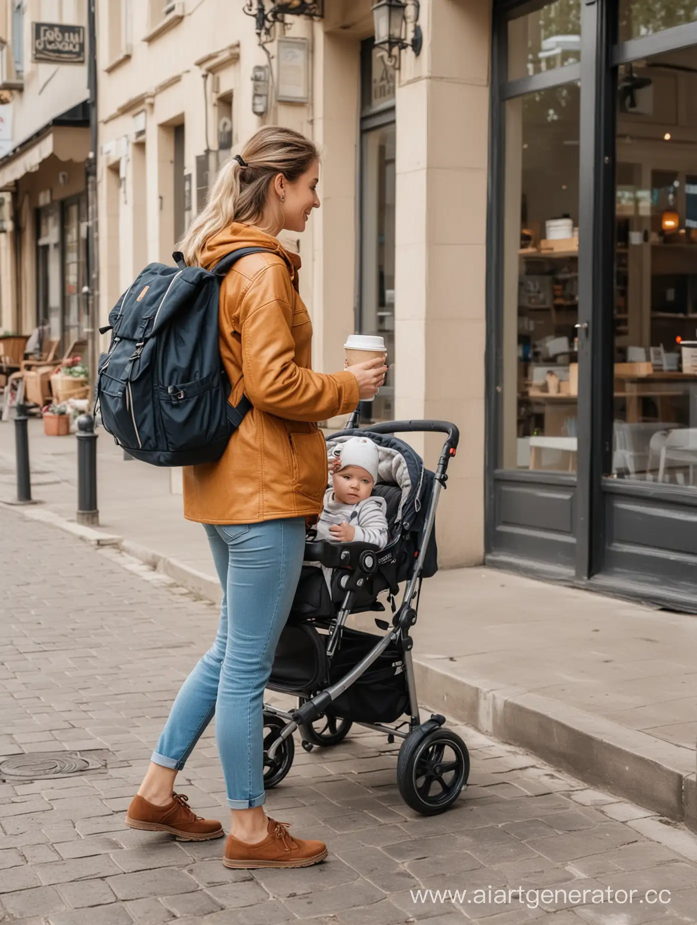 мама стоит около кофейни с коляской и ребенком который с рюкзаком идет в школу. мама держит стаканчик кофе в руках