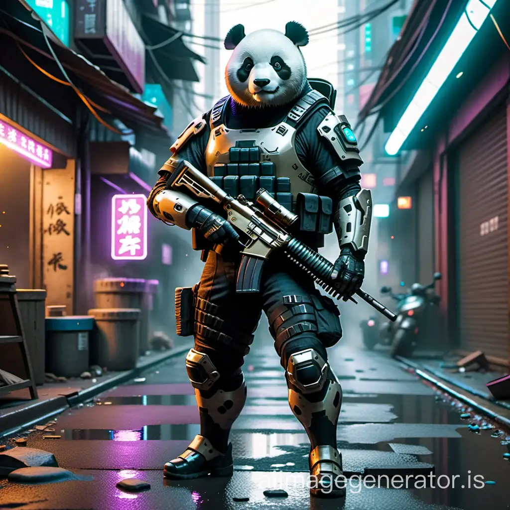 Full body image of a Panda humanoid holding a gun, army general, in the cyberpunk alley
