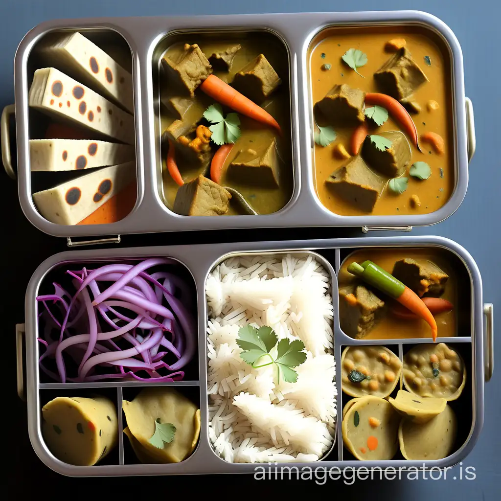 indian tiffin box with vegetable curries in it. 